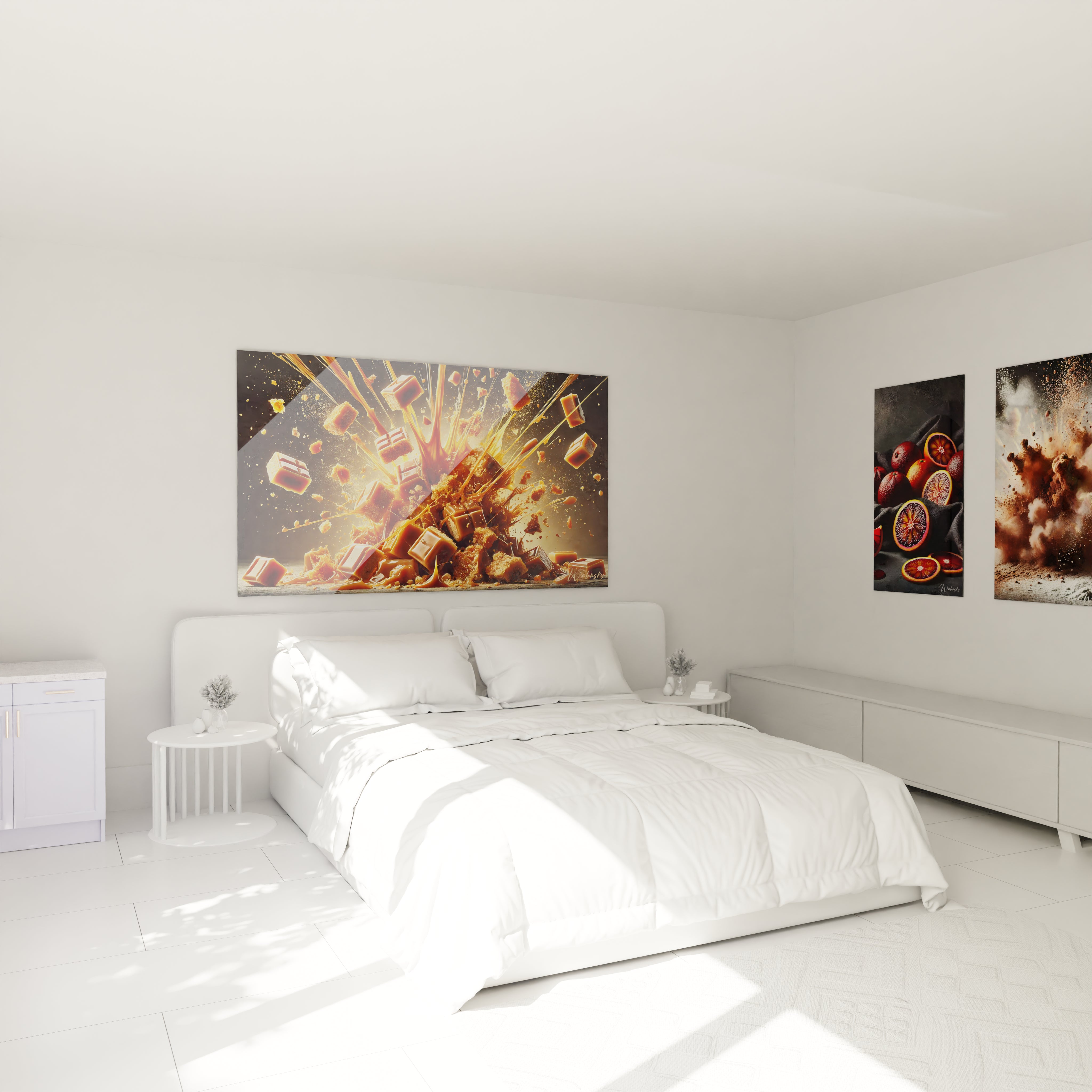 Tableau cuisine en verre acrylique au-dessus d'un lit dans une chambre - Décoration murale géante et élégante - Art mural moderne pour chambre - Ambiance sophistiquée avec tableau de grande taille - Décoration intérieure de qualité pour chambre à coucher