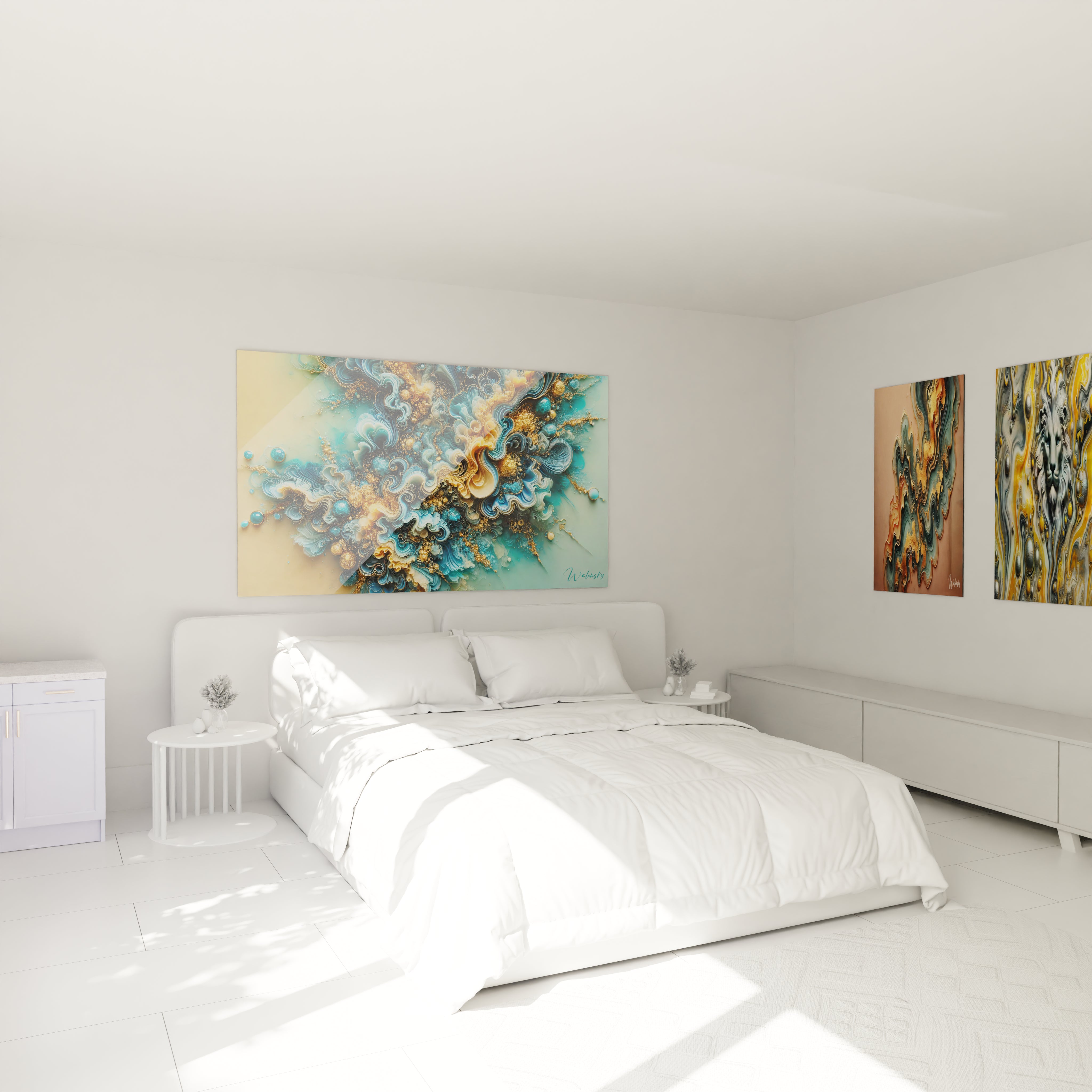 Tableau géant en verre acrylique époxy au-dessus d'un lit dans une chambre moderne - Art mural élégant pour chambre à coucher, décoration d'intérieur avec peinture époxy lumineuse et transparente, design contemporain