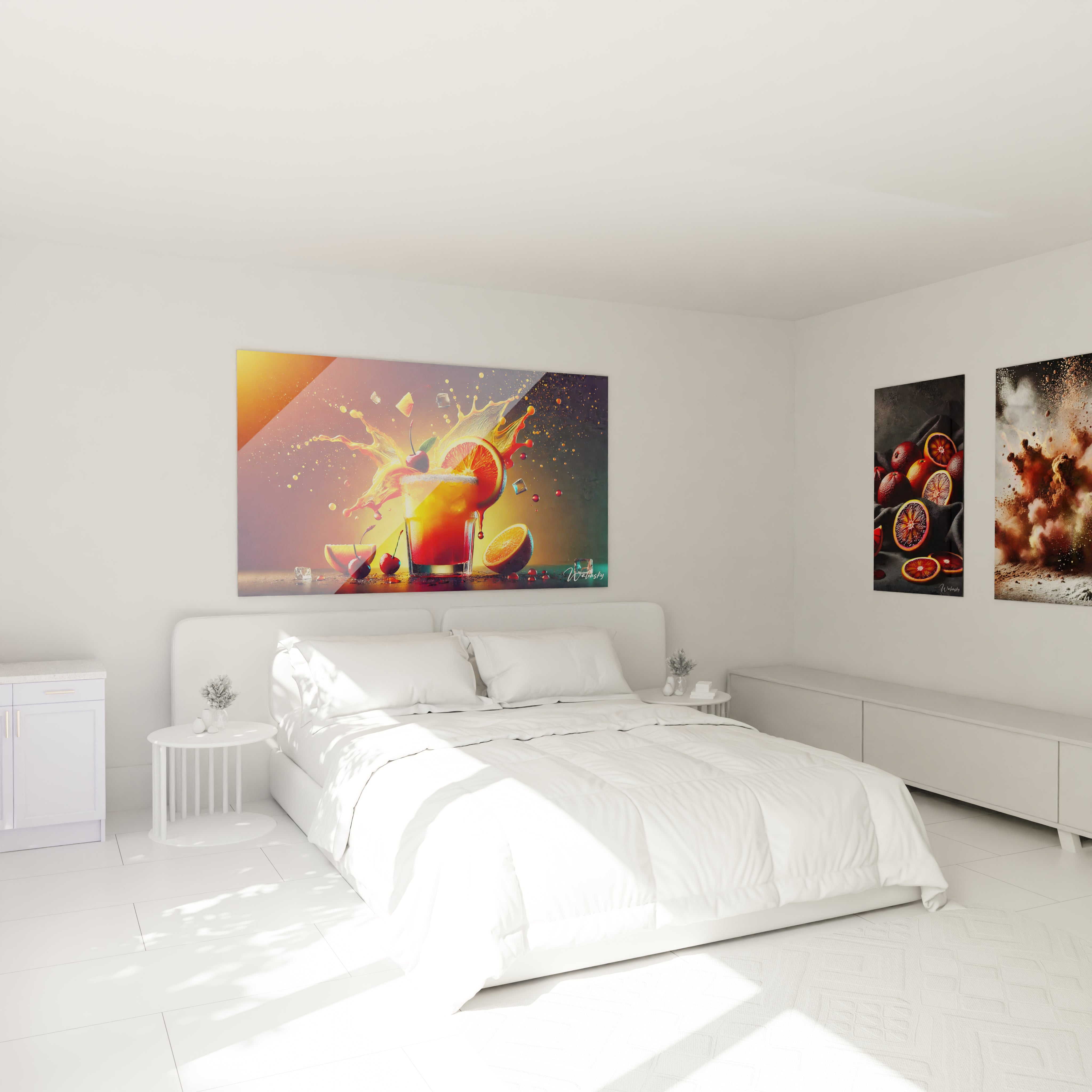 Tableau cuisine en verre acrylique au-dessus d'un lit dans une chambre - Décoration murale géante et élégante - Art mural moderne pour chambre - Ambiance sophistiquée avec tableau de grande taille - Décoration intérieure de qualité pour chambre à coucher