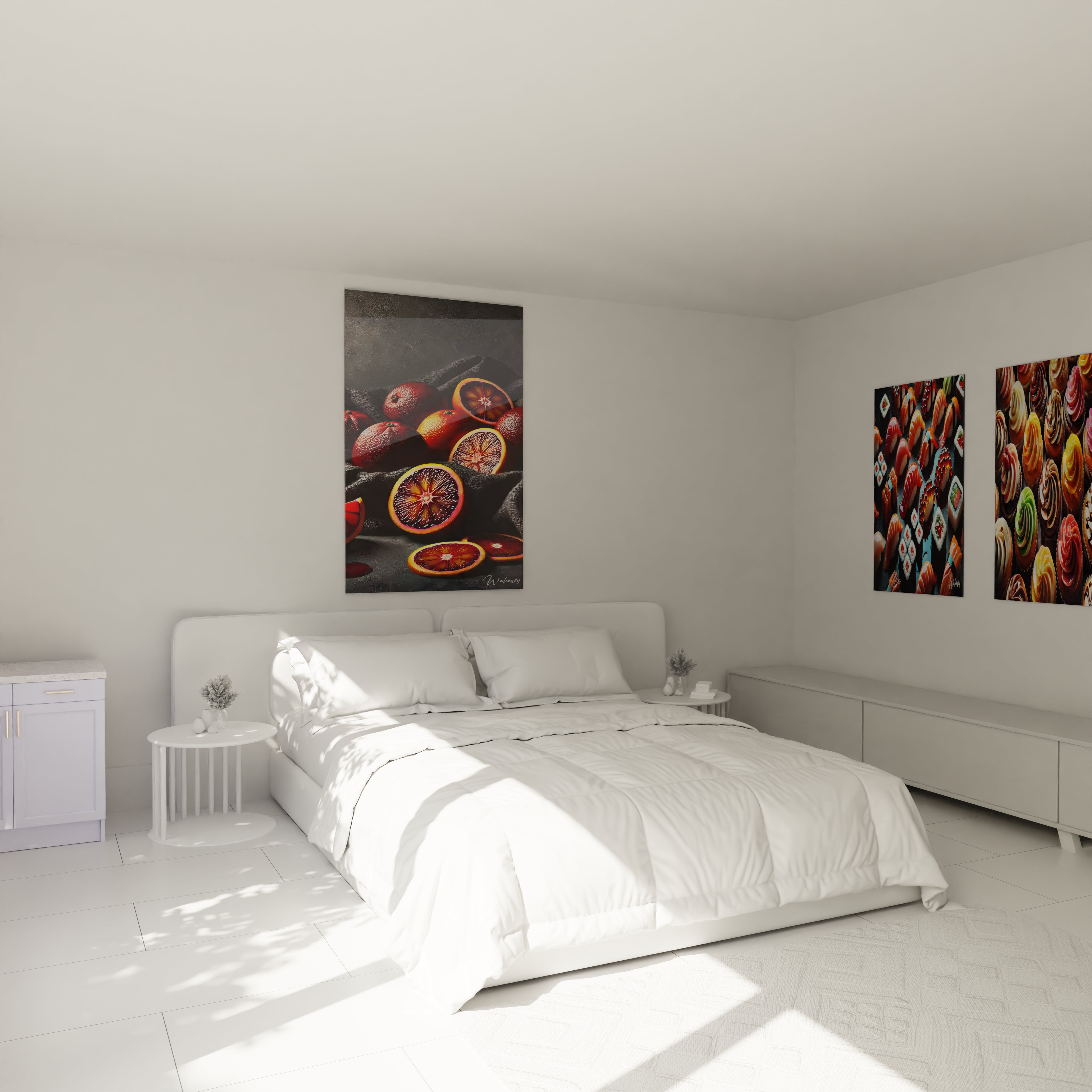 Tableau cuisine en verre acrylique au-dessus d'un lit dans une chambre - Décoration murale géante et élégante - Art mural moderne pour chambre - Ambiance sophistiquée avec tableau de grande taille - Décoration intérieure de qualité pour chambre à coucher