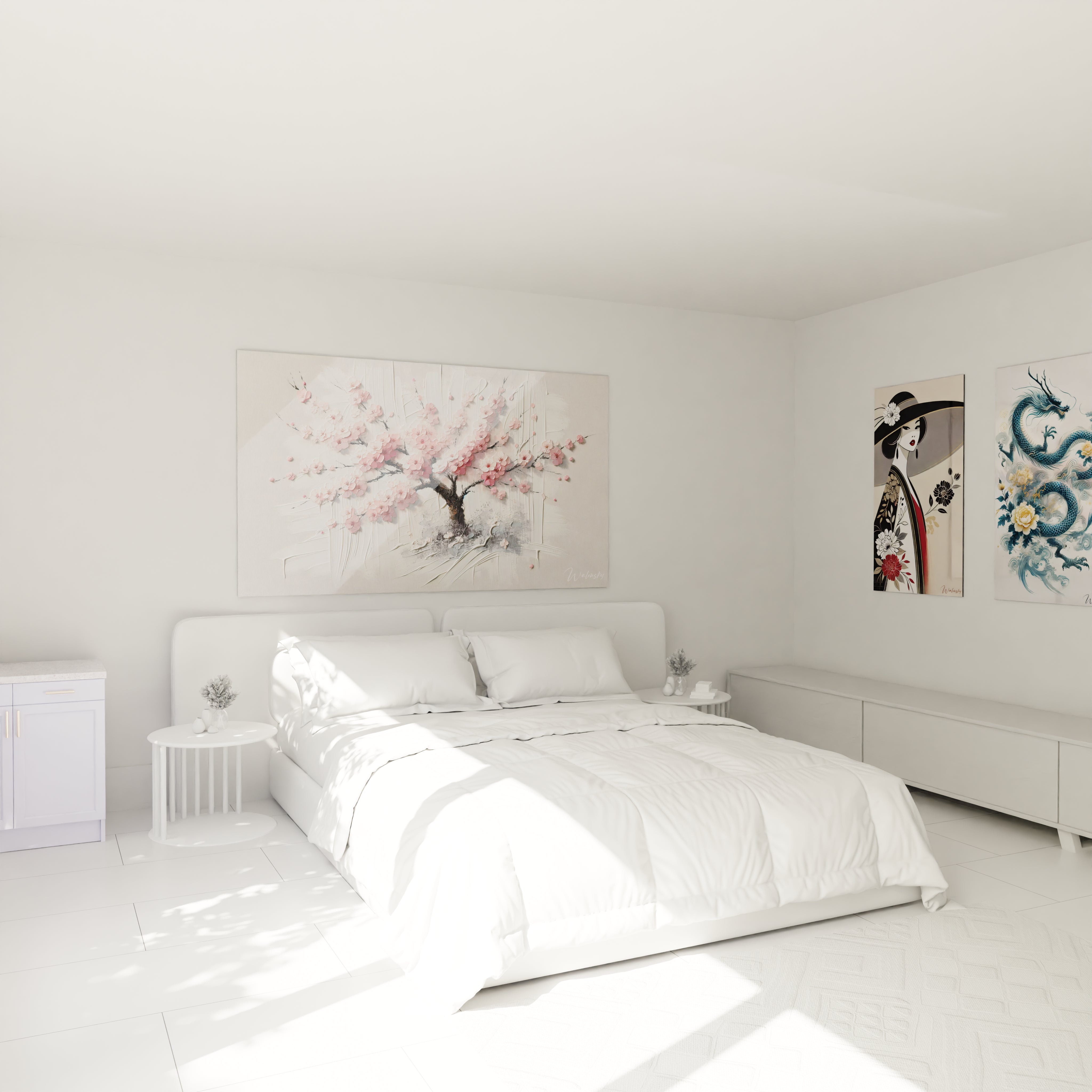 tableau asie accroché au mur au-dessus du lit dans une chambre ambiance zen et relaxante pétales roses contrastant avec un fond blanc et des détails texturés uniques

