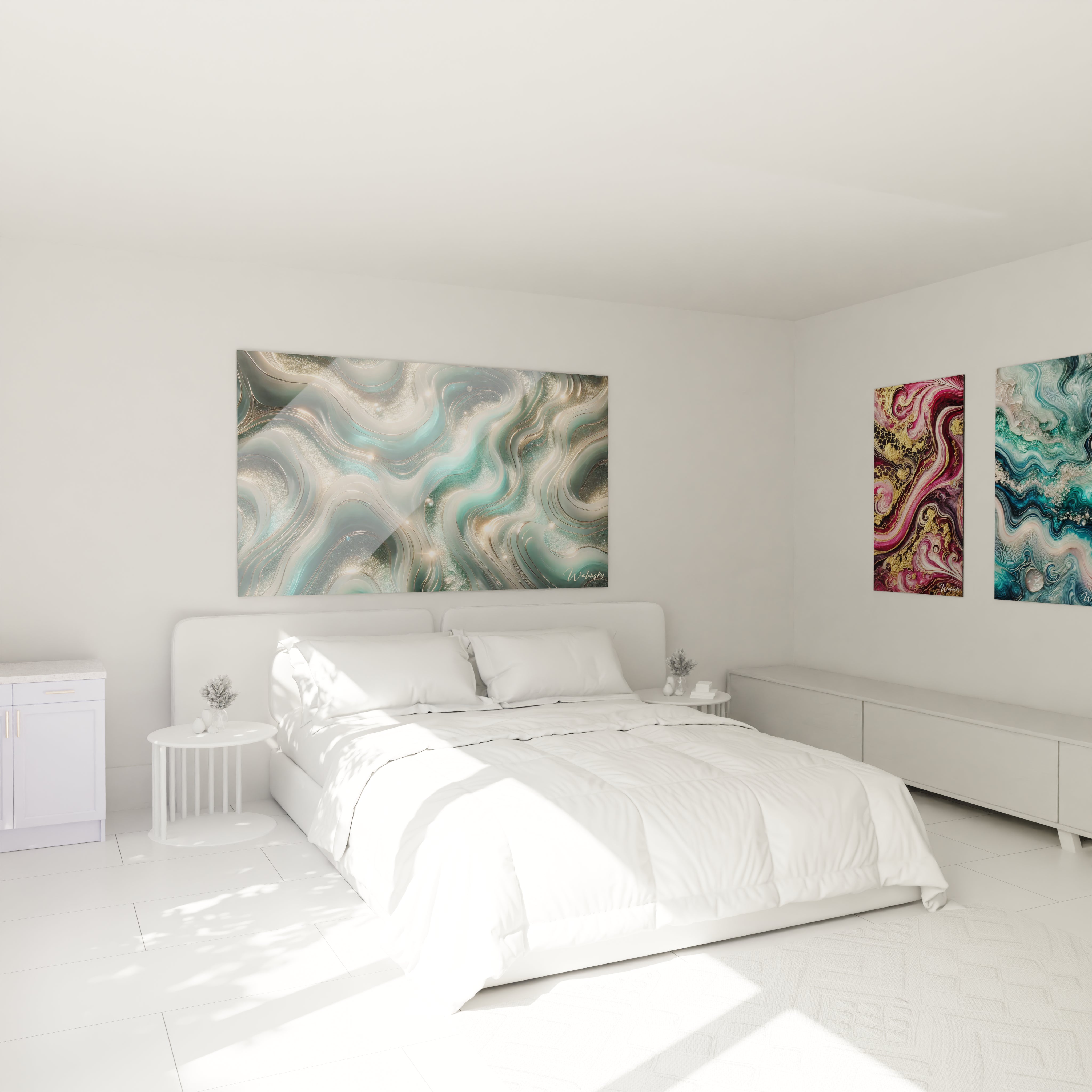 Tableau géant en verre acrylique époxy au-dessus d'un lit dans une chambre moderne - Art mural élégant pour chambre à coucher, décoration d'intérieur avec peinture époxy lumineuse et transparente, design contemporain