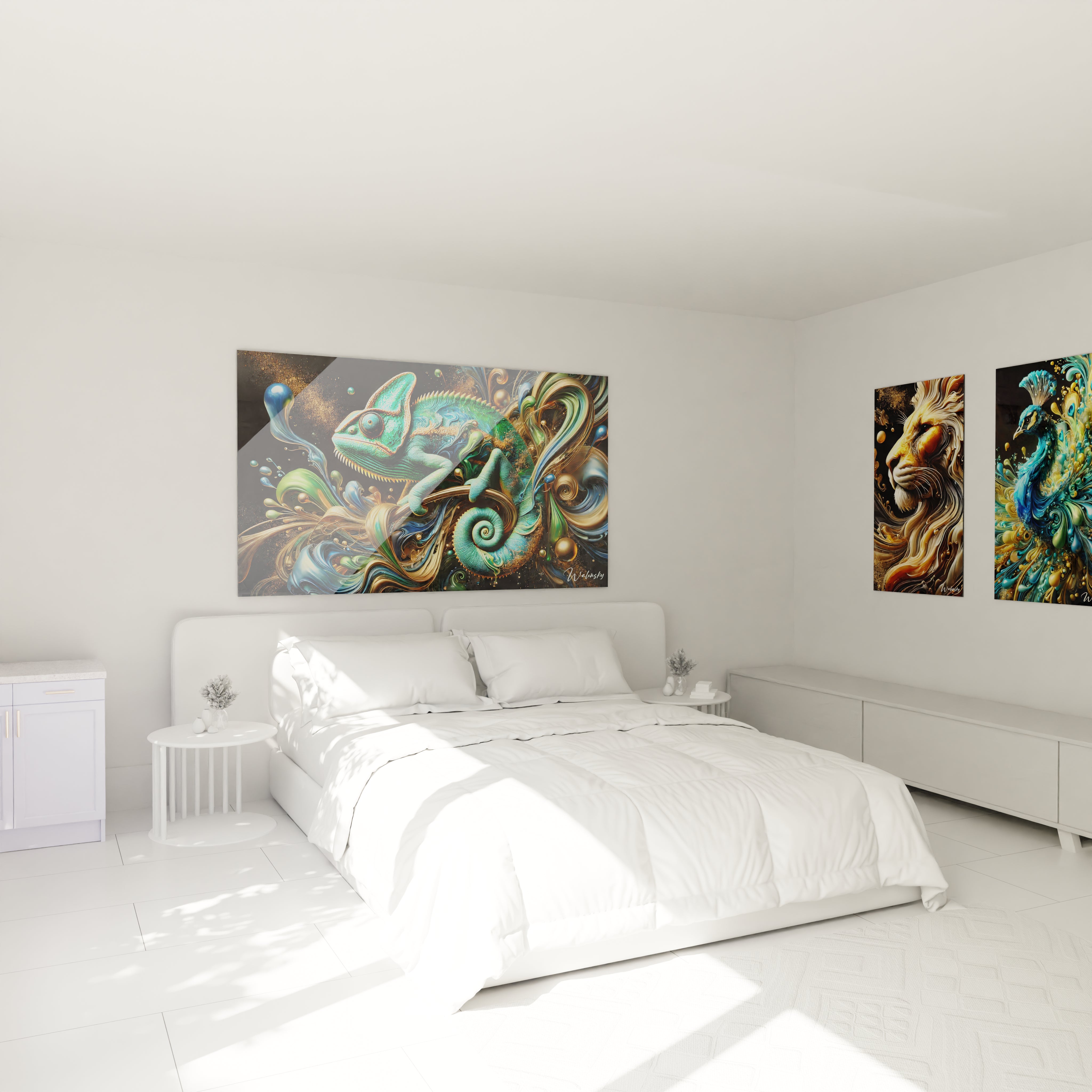 Tableau Essence Sauvage en verre acrylique au-dessus d'un lit dans une chambre - Décoration murale imposante et élégante - Art mural naturel pour chambre - Ambiance relaxante avec tableau de grande taille - Décoration intérieure de haute qualité pour chambre à coucher