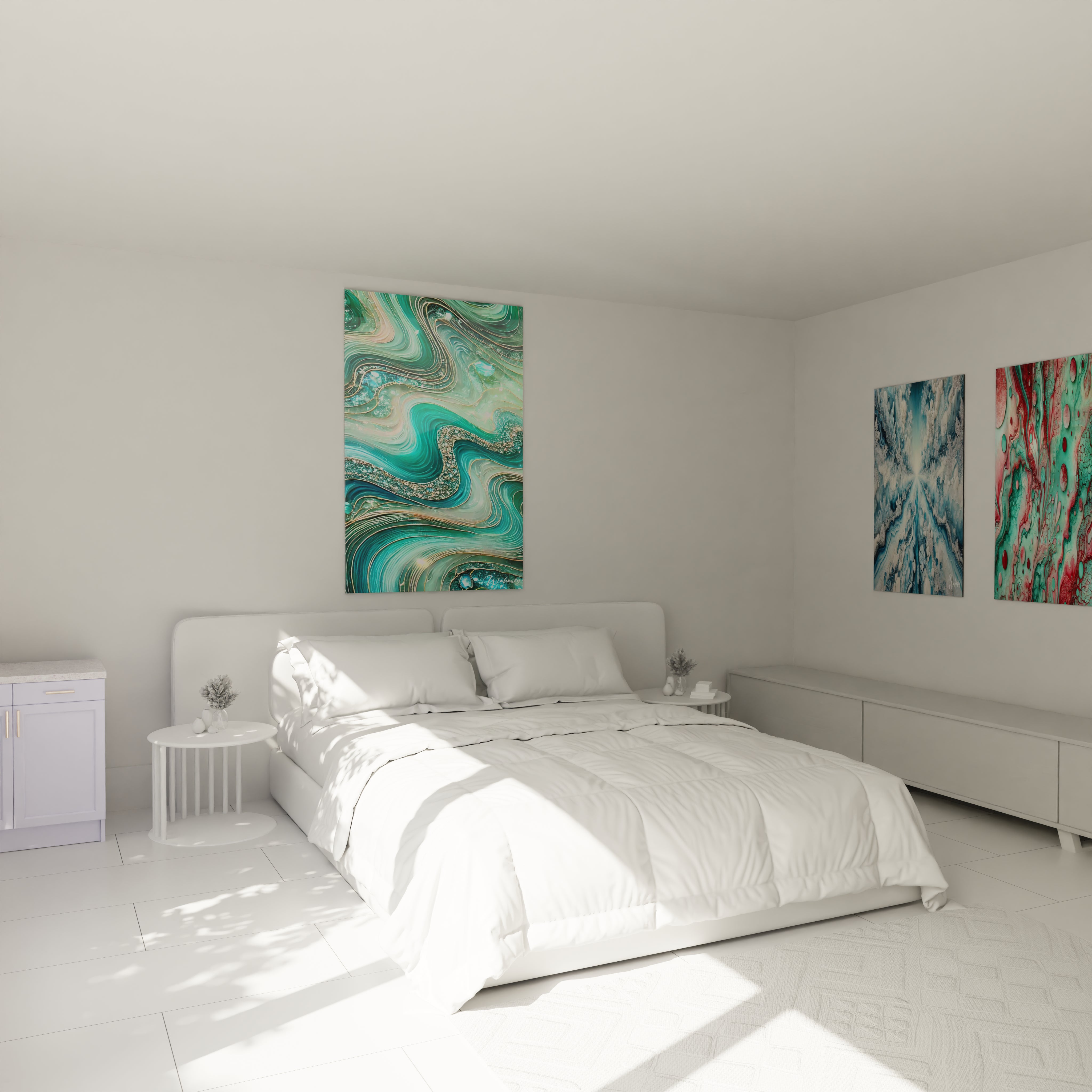 Tableau géant en verre acrylique époxy au-dessus d'un lit dans une chambre moderne - Art mural élégant pour chambre à coucher, décoration d'intérieur avec peinture époxy lumineuse et transparente, design contemporain