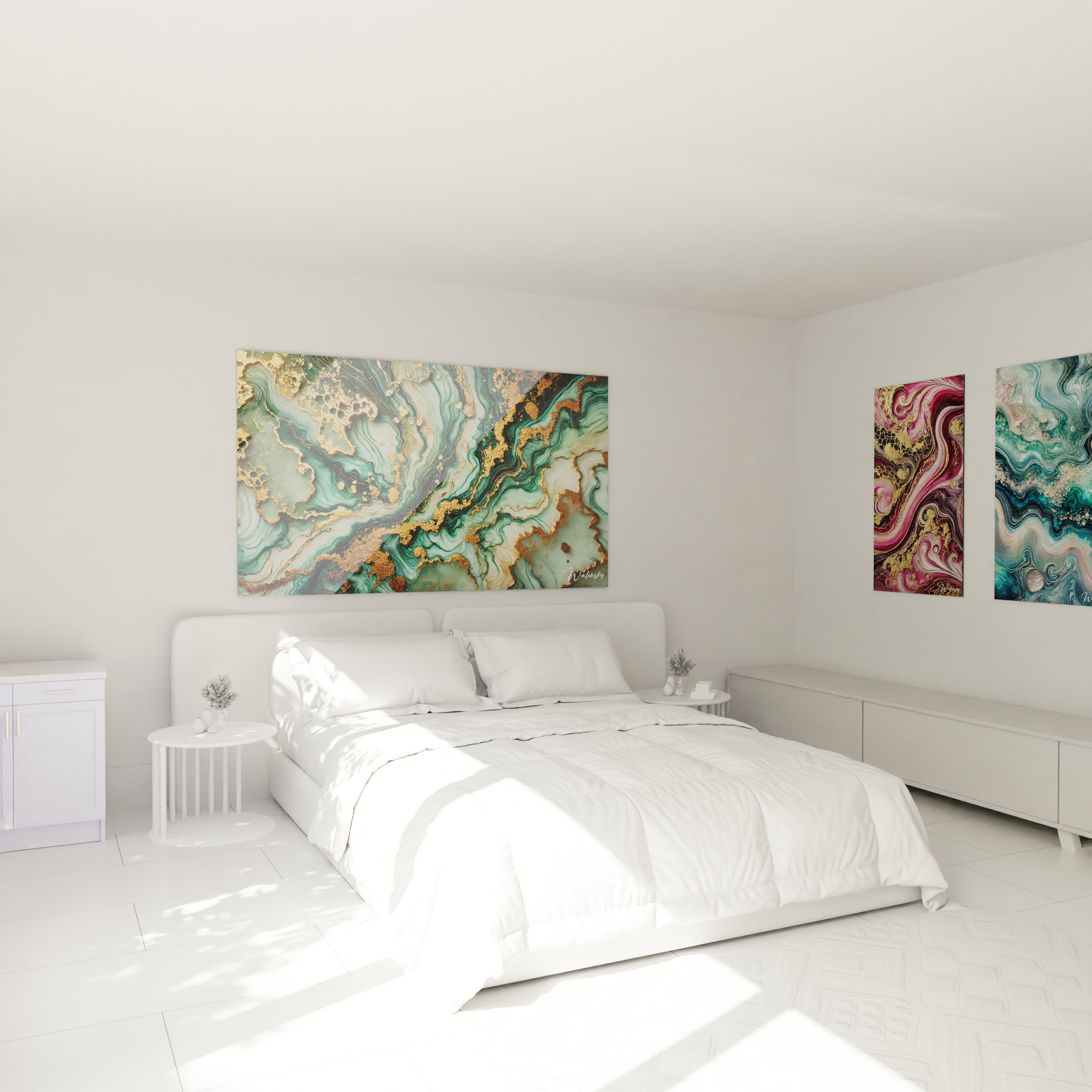 Tableau géant en verre acrylique époxy au-dessus d'un lit dans une chambre moderne - Art mural élégant pour chambre à coucher, décoration d'intérieur avec peinture époxy lumineuse et transparente, design contemporain