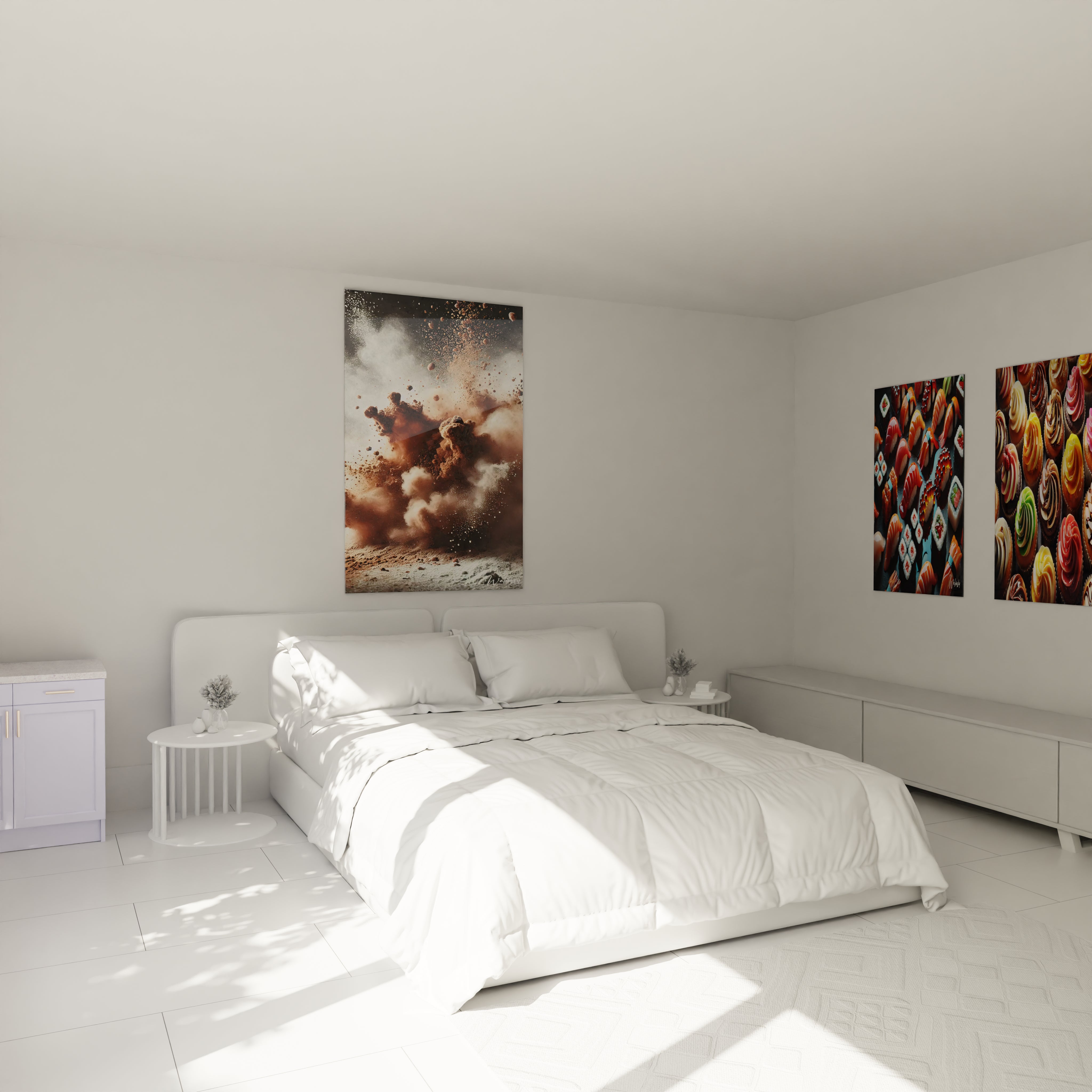 Tableau cuisine en verre acrylique au-dessus d'un lit dans une chambre - Décoration murale géante et élégante - Art mural moderne pour chambre - Ambiance sophistiquée avec tableau de grande taille - Décoration intérieure de qualité pour chambre à coucher