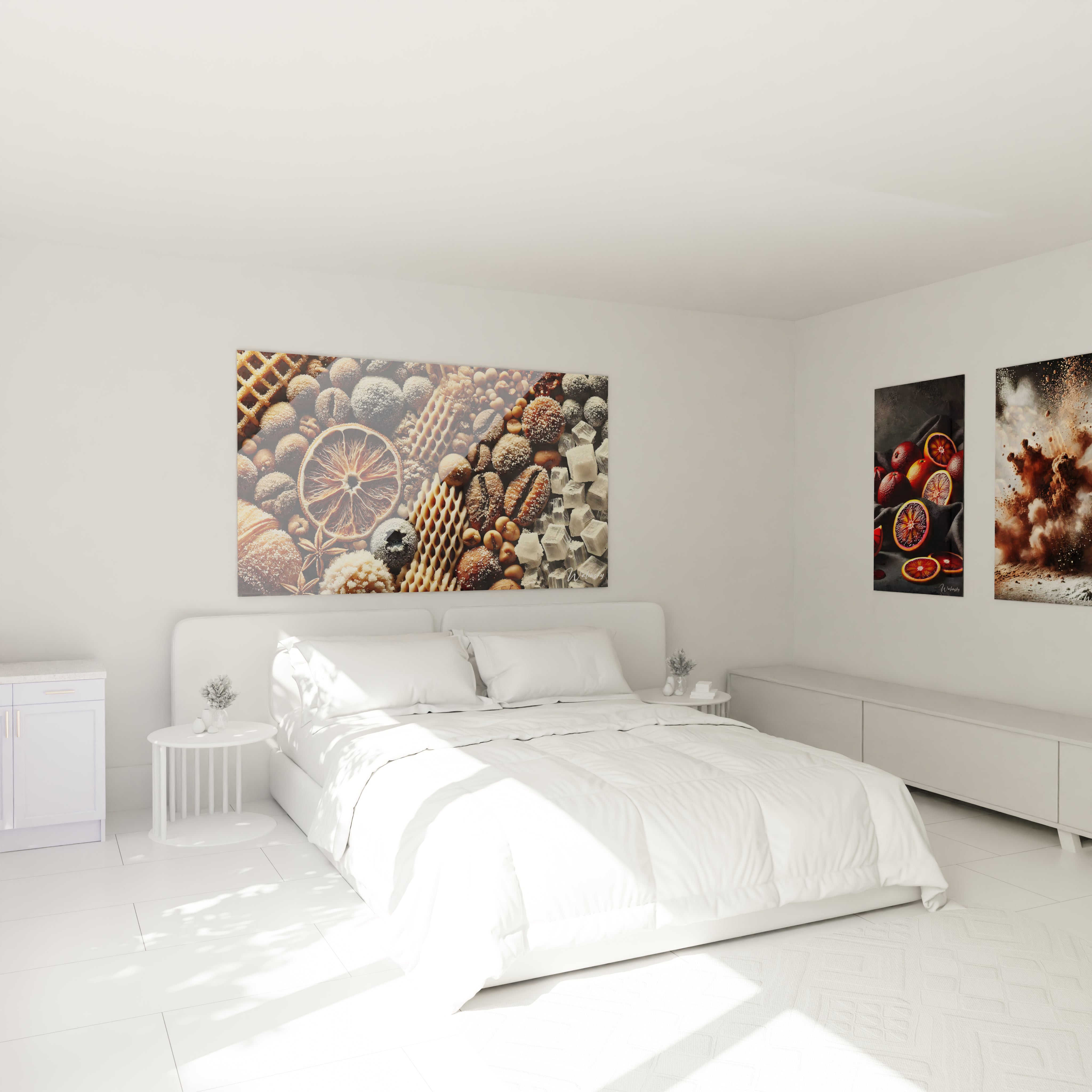 Tableau cuisine en verre acrylique au-dessus d'un lit dans une chambre - Décoration murale géante et élégante - Art mural moderne pour chambre - Ambiance sophistiquée avec tableau de grande taille - Décoration intérieure de qualité pour chambre à coucher