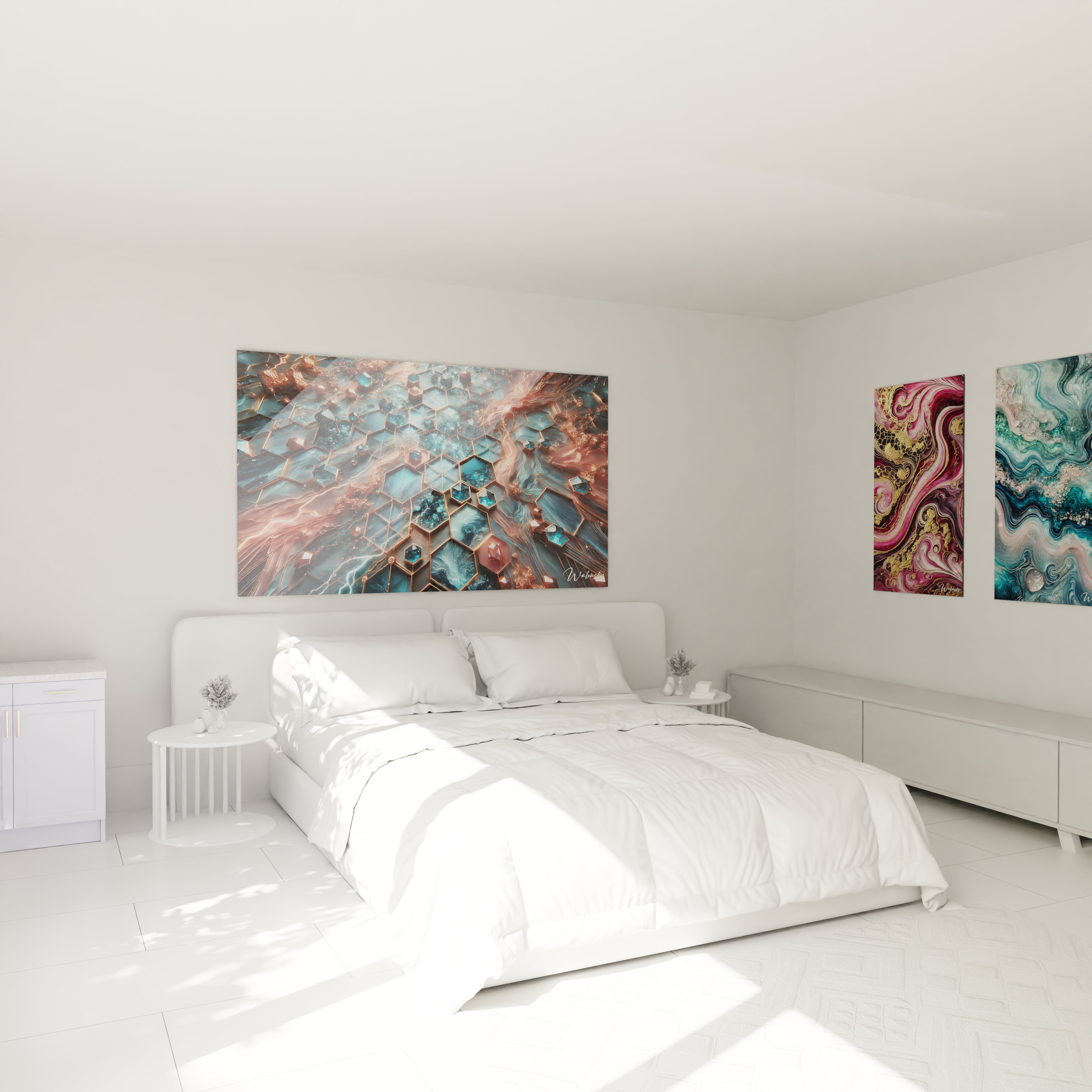 Tableau géant en verre acrylique époxy au-dessus d'un lit dans une chambre moderne - Art mural élégant pour chambre à coucher, décoration d'intérieur avec peinture époxy lumineuse et transparente, design contemporain