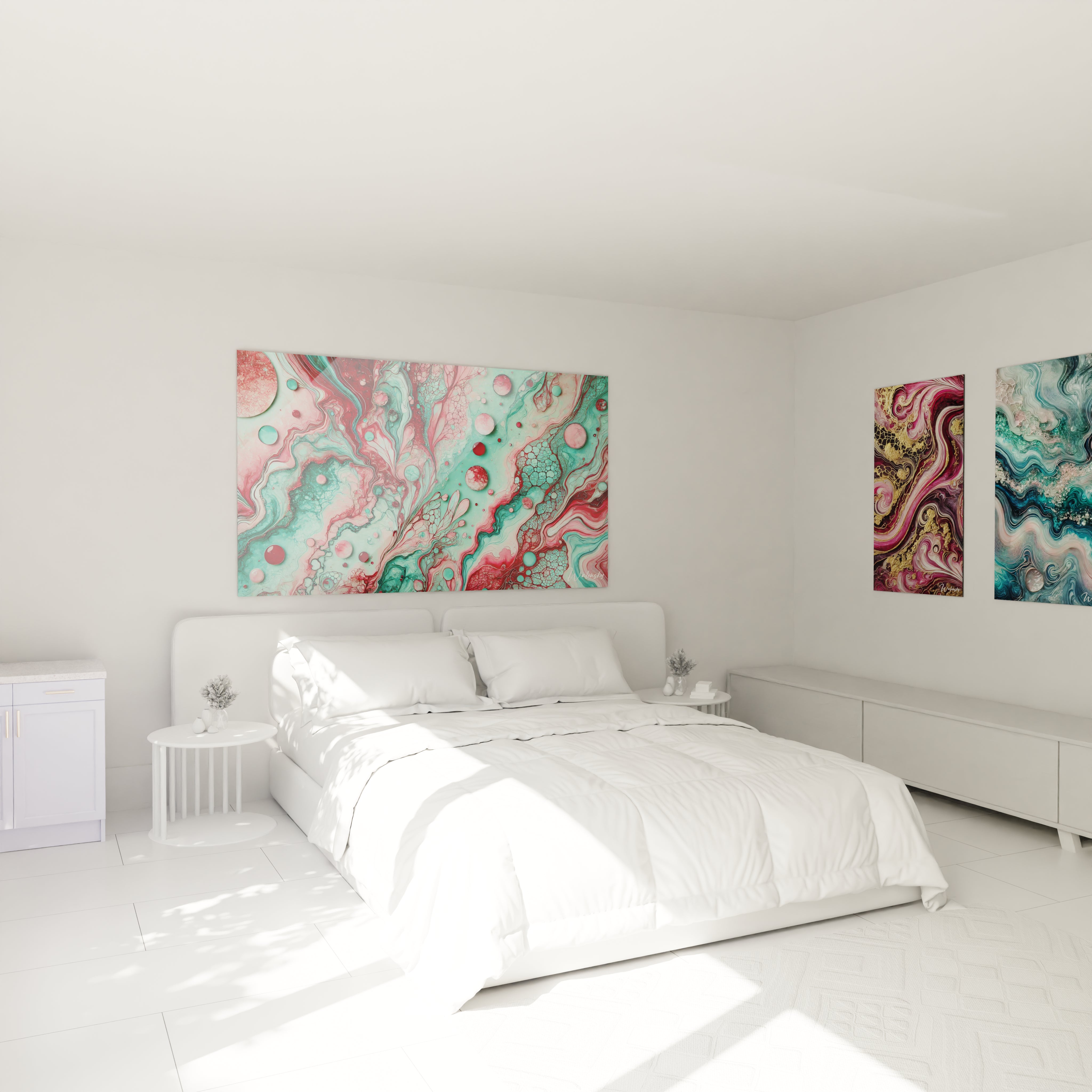 Tableau géant en verre acrylique époxy au-dessus d'un lit dans une chambre moderne - Art mural élégant pour chambre à coucher, décoration d'intérieur avec peinture époxy lumineuse et transparente, design contemporain