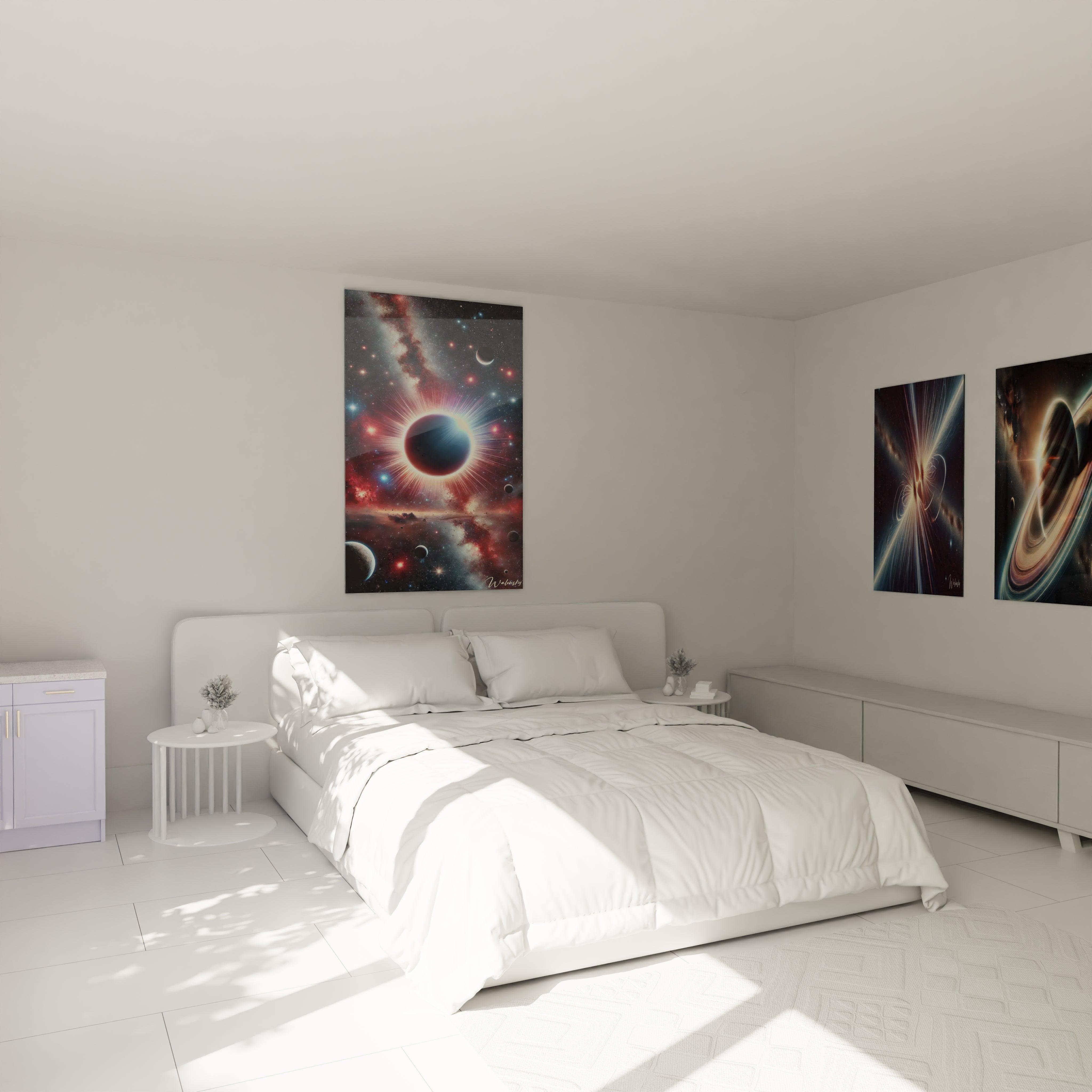 Accroché au mur dans une chambre, ce tableau espace illumine l’ambiance avec des contrastes marqués et des détails galactiques. L’effet d’éclipse invite à l’introspection et au calme.

