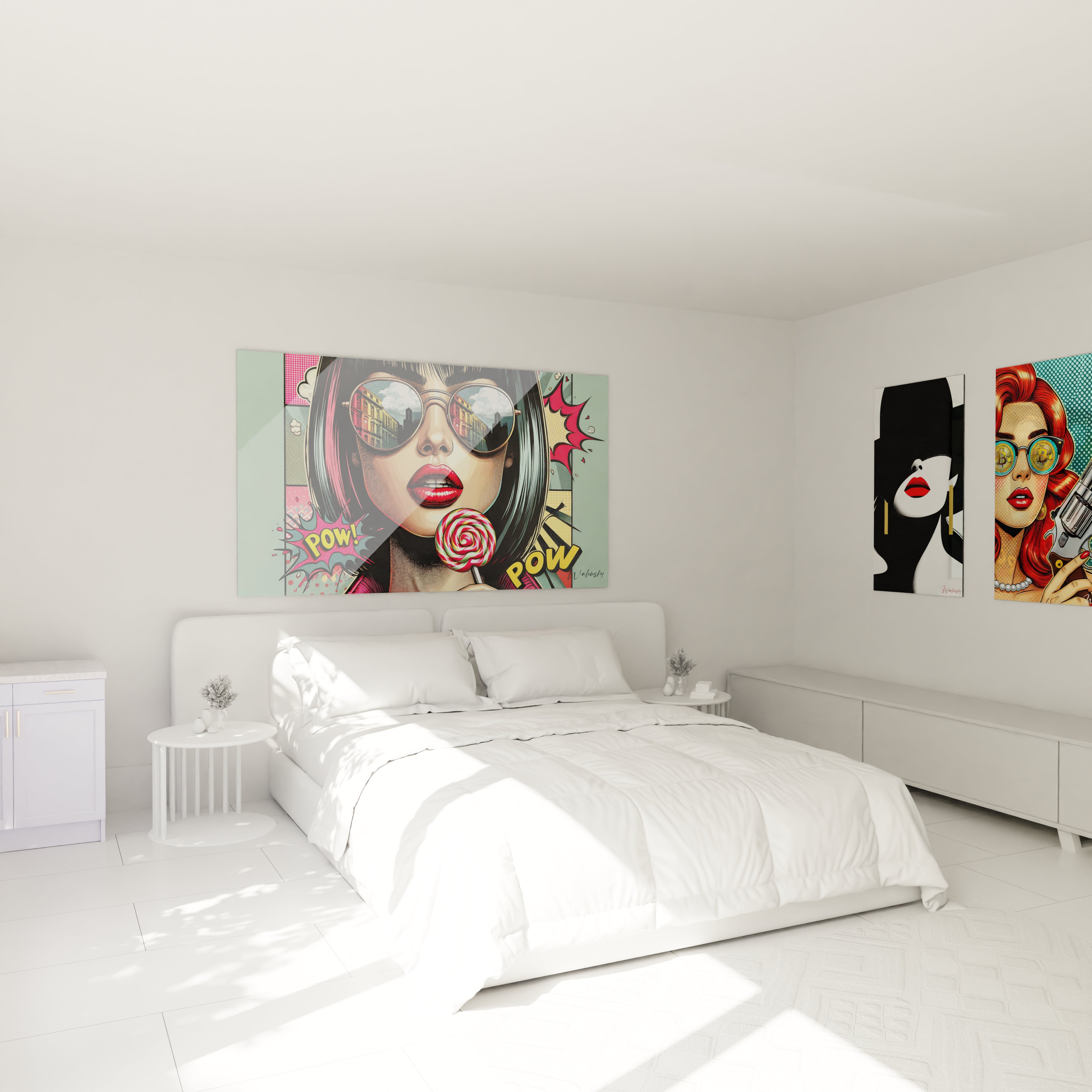 "Chambre élégante avec tableau en verre acrylique Pop Art / Rétro au-dessus du lit, ajoutant une touche artistique moderne. Décoration murale design pour chambre à coucher."