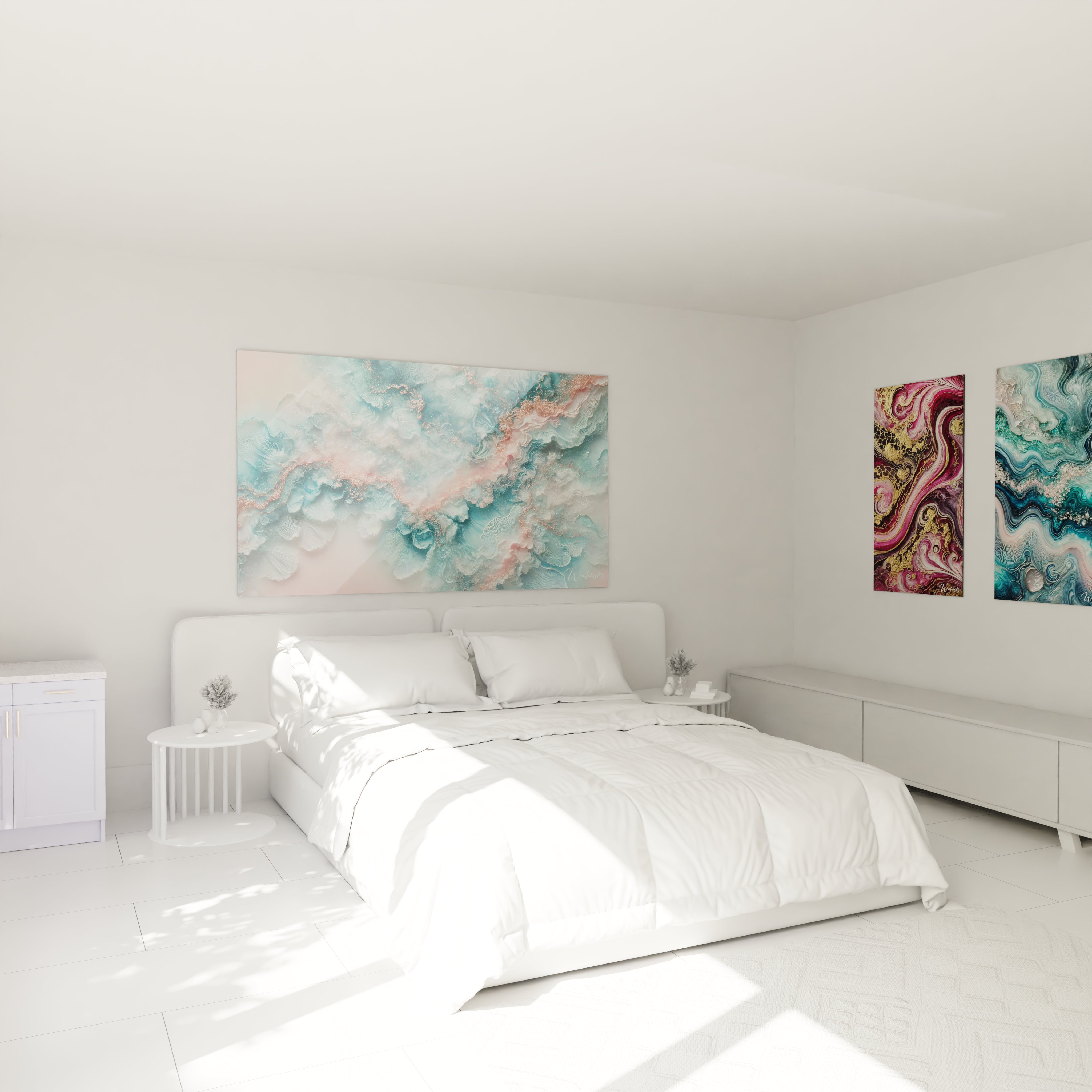 Tableau géant en verre acrylique époxy au-dessus d'un lit dans une chambre moderne - Art mural élégant pour chambre à coucher, décoration d'intérieur avec peinture époxy lumineuse et transparente, design contemporain