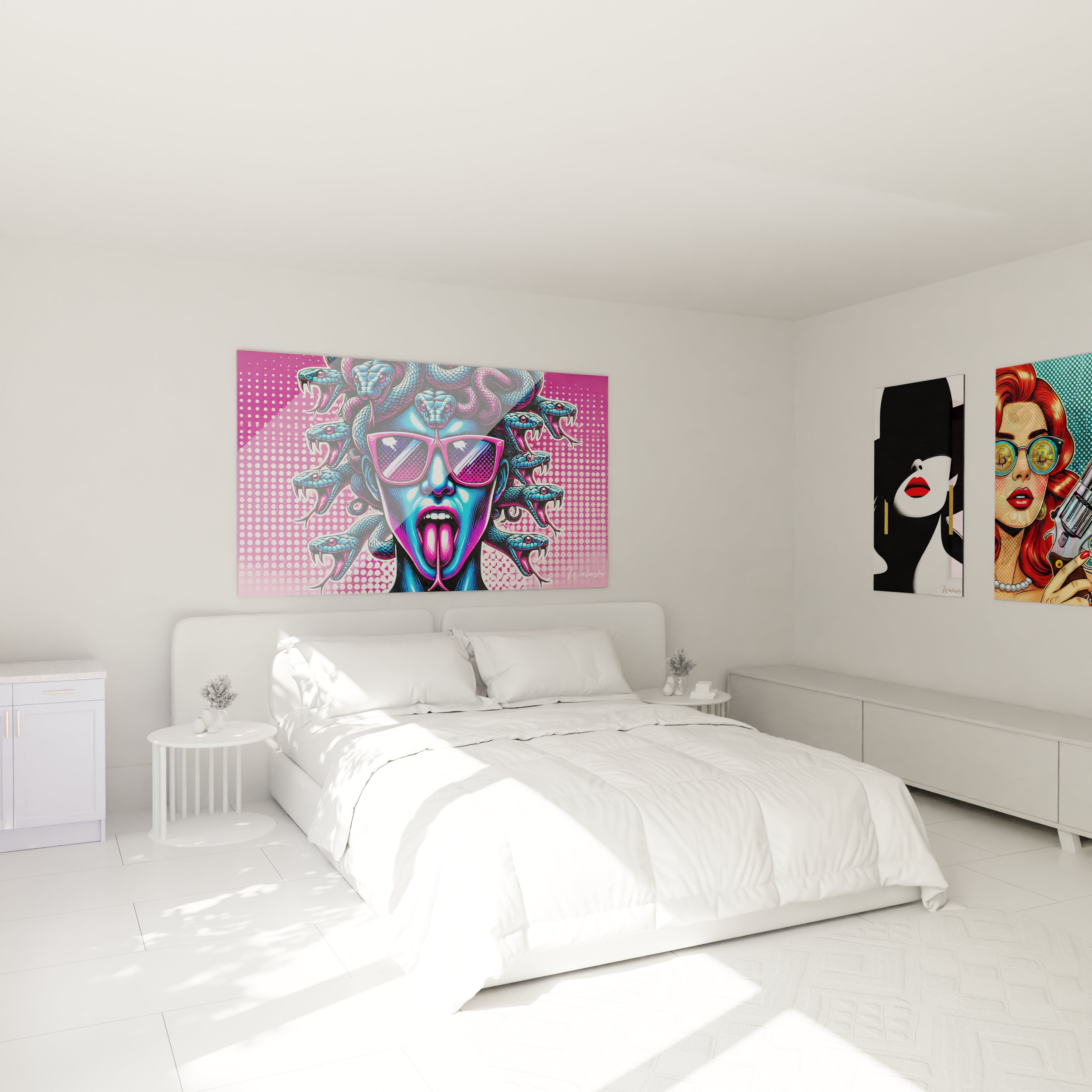 "Chambre élégante avec tableau en verre acrylique Pop Art / Rétro au-dessus du lit, ajoutant une touche artistique moderne. Décoration murale design pour chambre à coucher."