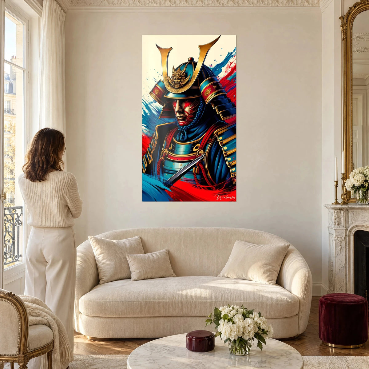 Quadro di un samurai con elmo dorato, volto dipinto di rosso su sfondo blu e scarlatto, sopra un divano in un soggiorno luminoso