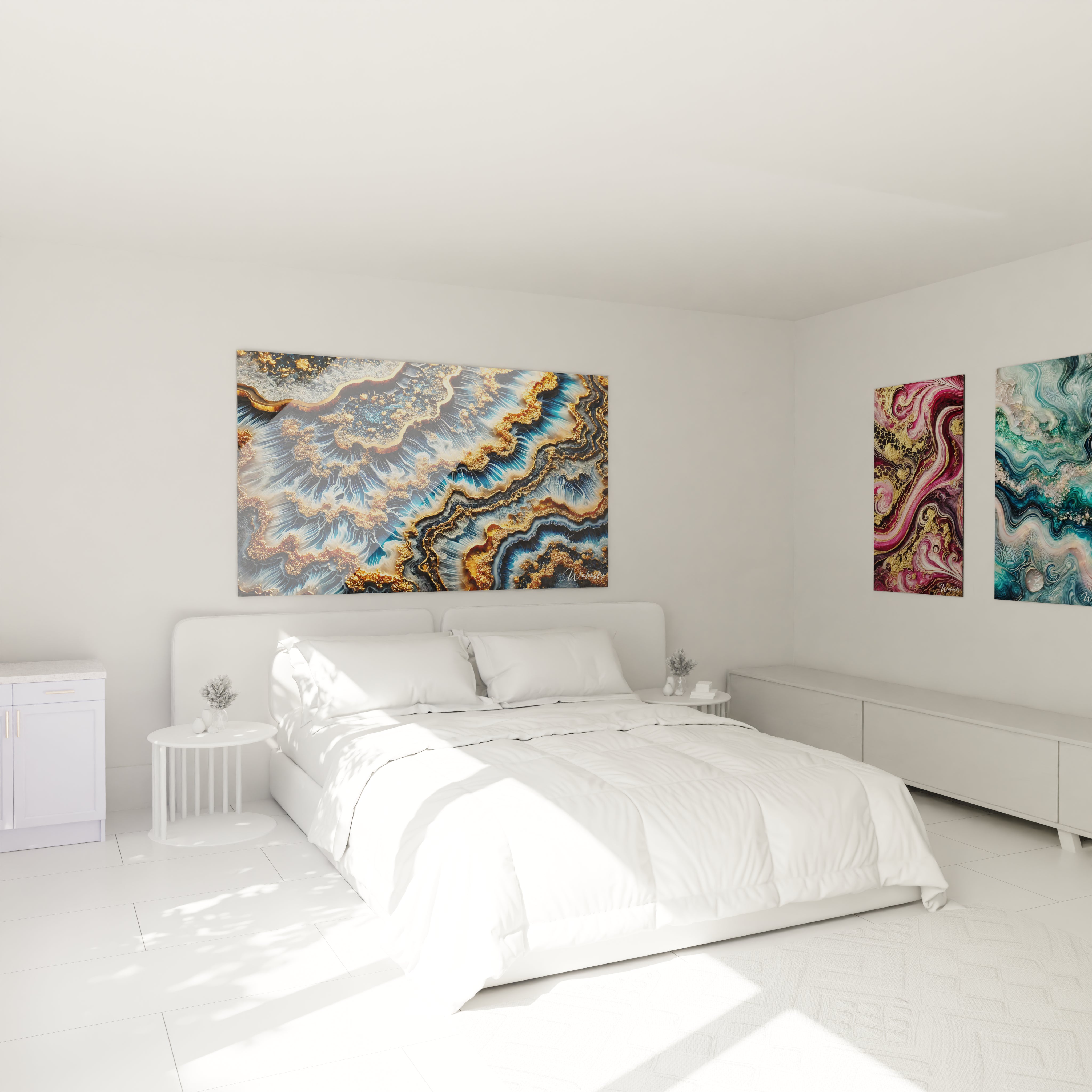 Tableau géant en verre acrylique époxy au-dessus d'un lit dans une chambre moderne - Art mural élégant pour chambre à coucher, décoration d'intérieur avec peinture époxy lumineuse et transparente, design contemporain