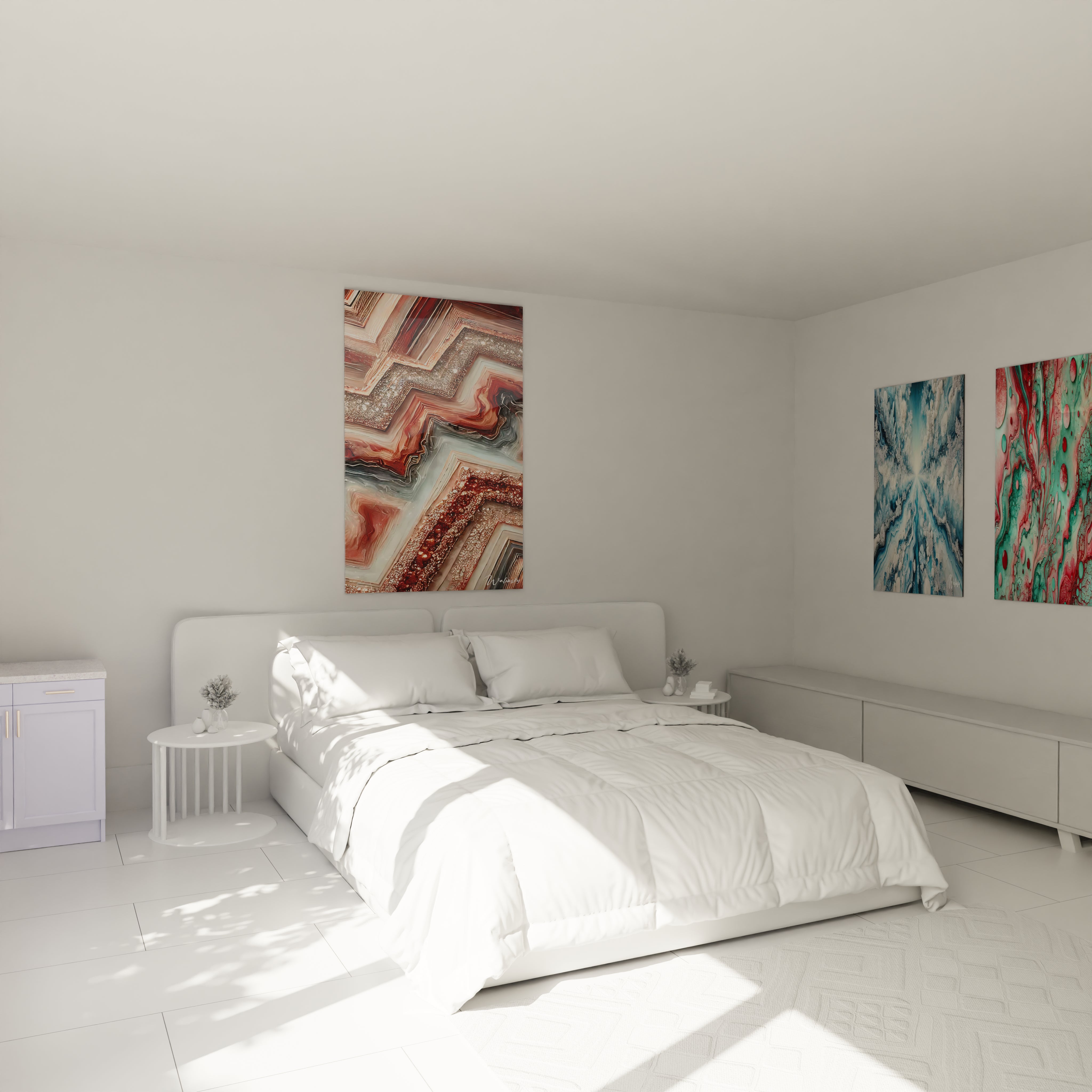 Tableau géant en verre acrylique époxy au-dessus d'un lit dans une chambre moderne - Art mural élégant pour chambre à coucher, décoration d'intérieur avec peinture époxy lumineuse et transparente, design contemporain