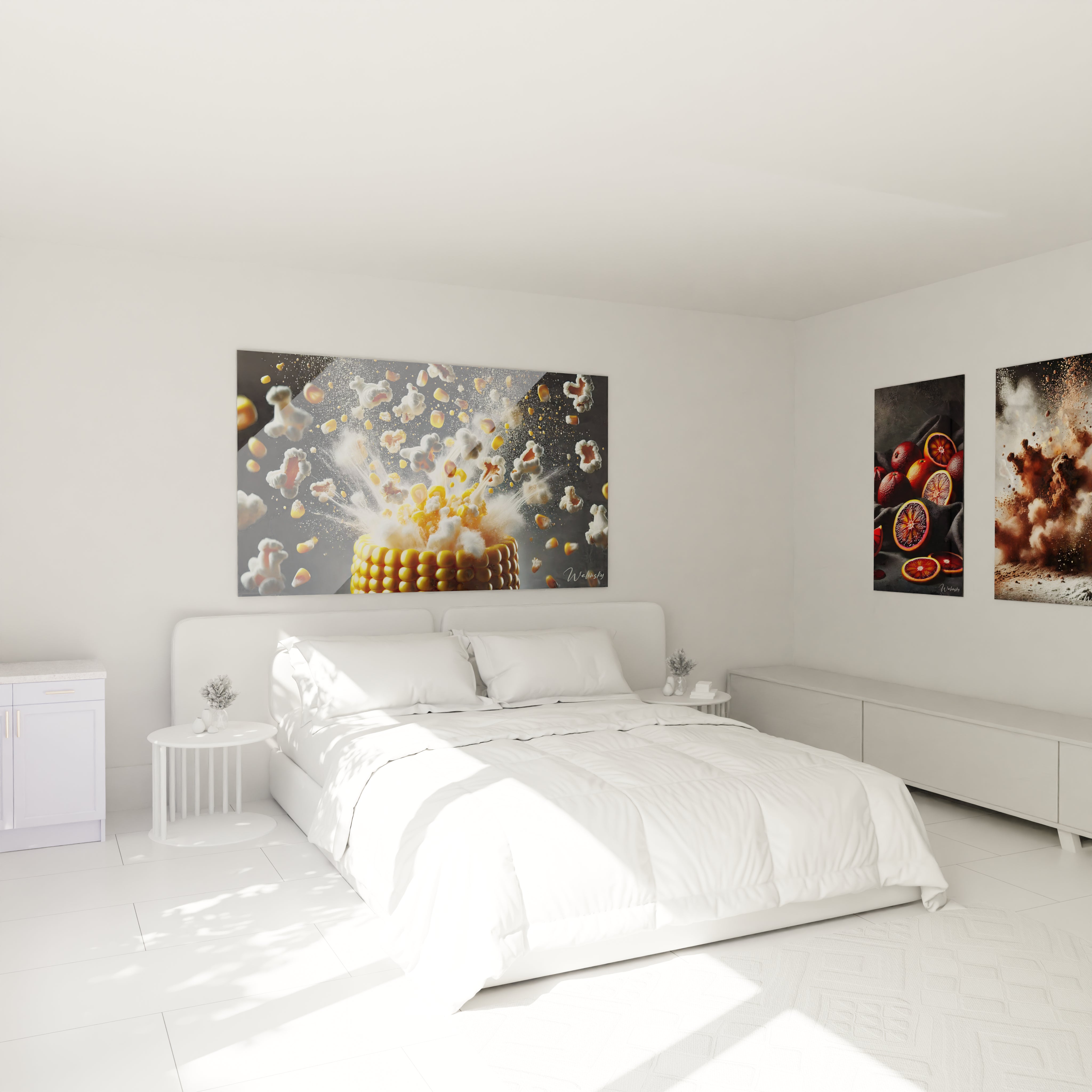 Tableau cuisine en verre acrylique au-dessus d'un lit dans une chambre - Décoration murale géante et élégante - Art mural moderne pour chambre - Ambiance sophistiquée avec tableau de grande taille - Décoration intérieure de qualité pour chambre à coucher