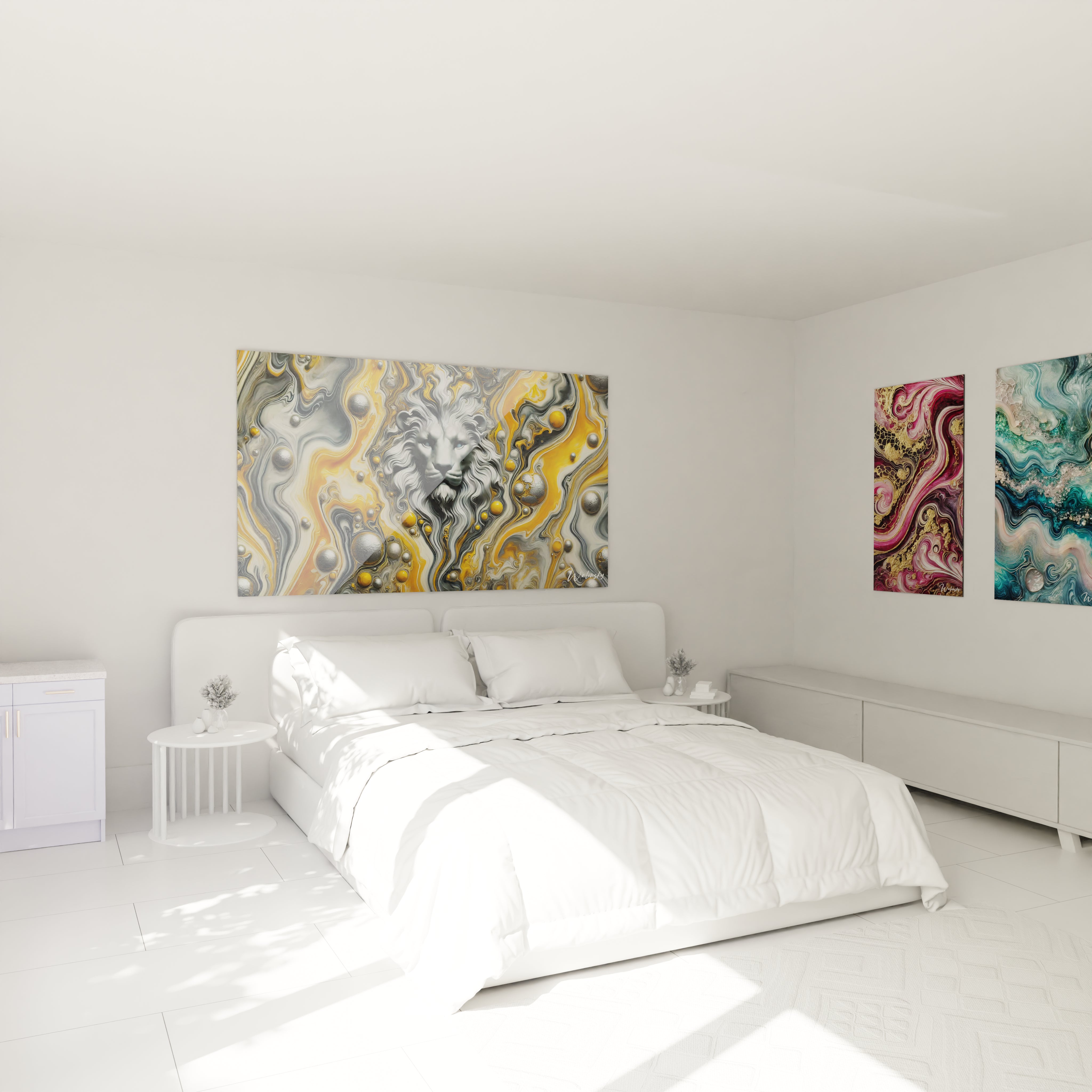 Tableau géant en verre acrylique époxy au-dessus d'un lit dans une chambre moderne - Art mural élégant pour chambre à coucher, décoration d'intérieur avec peinture époxy lumineuse et transparente, design contemporain