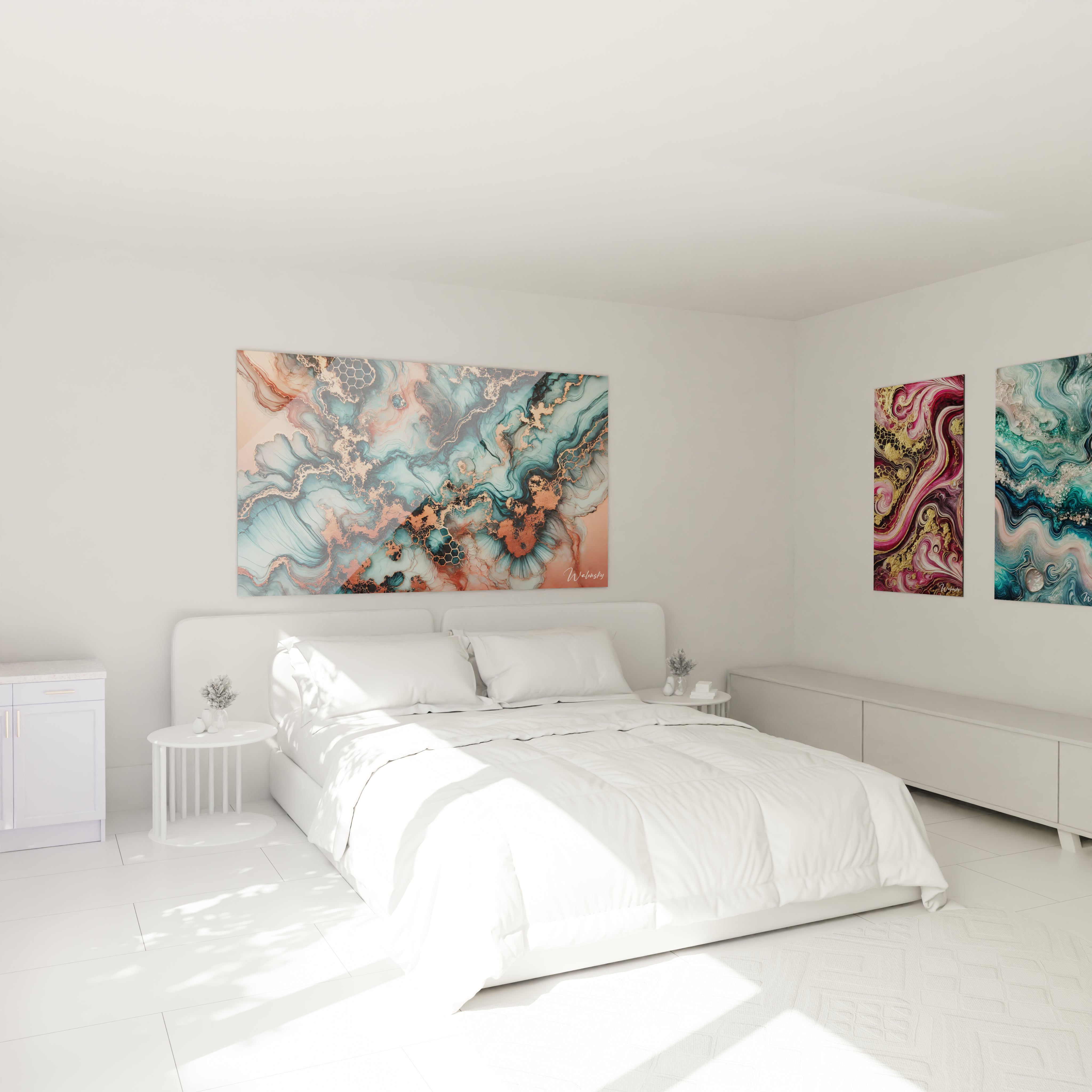 Tableau géant en verre acrylique époxy au-dessus d'un lit dans une chambre moderne - Art mural élégant pour chambre à coucher, décoration d'intérieur avec peinture époxy lumineuse et transparente, design contemporain