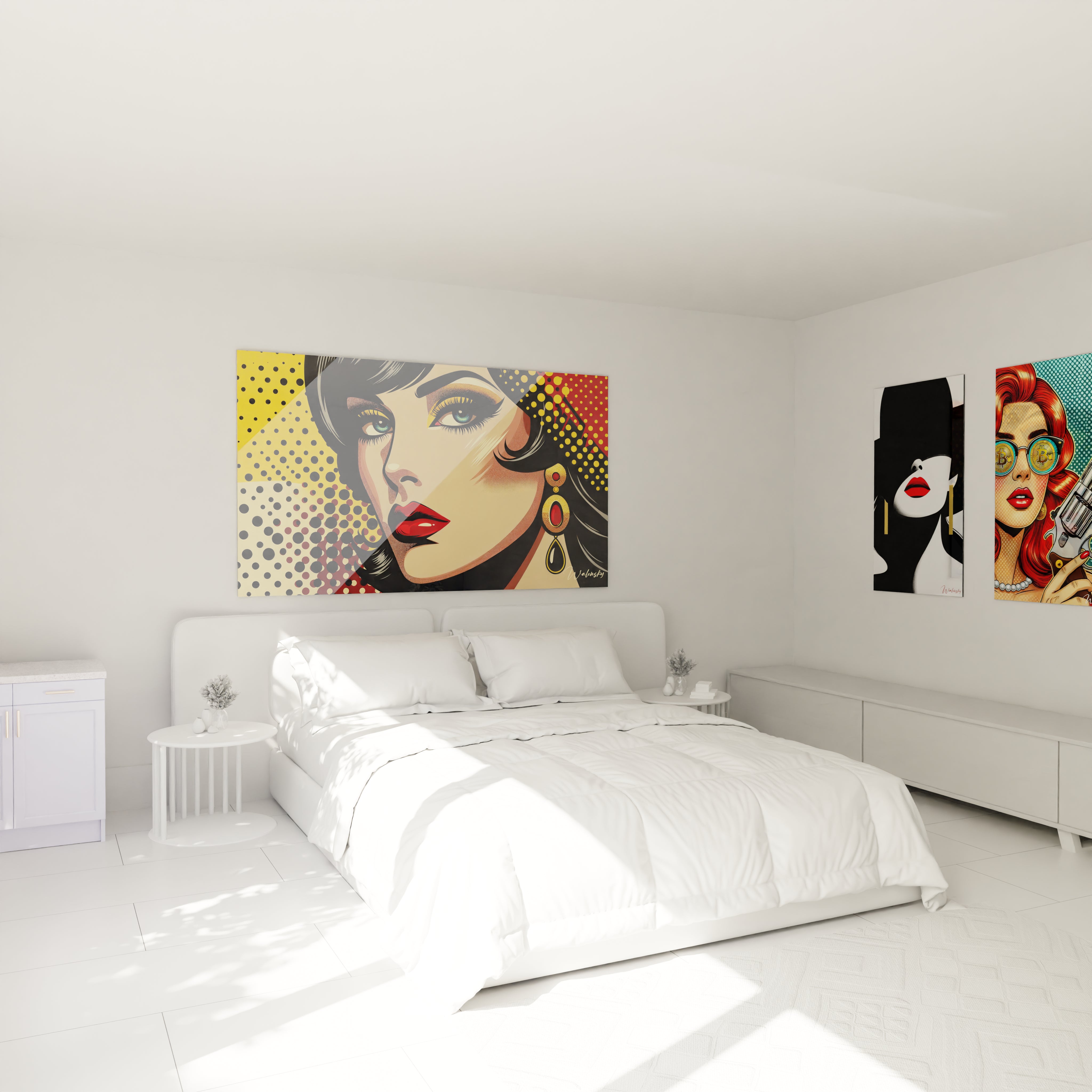 "Chambre élégante avec tableau en verre acrylique Pop Art / Rétro au-dessus du lit, ajoutant une touche artistique moderne. Décoration murale design pour chambre à coucher."