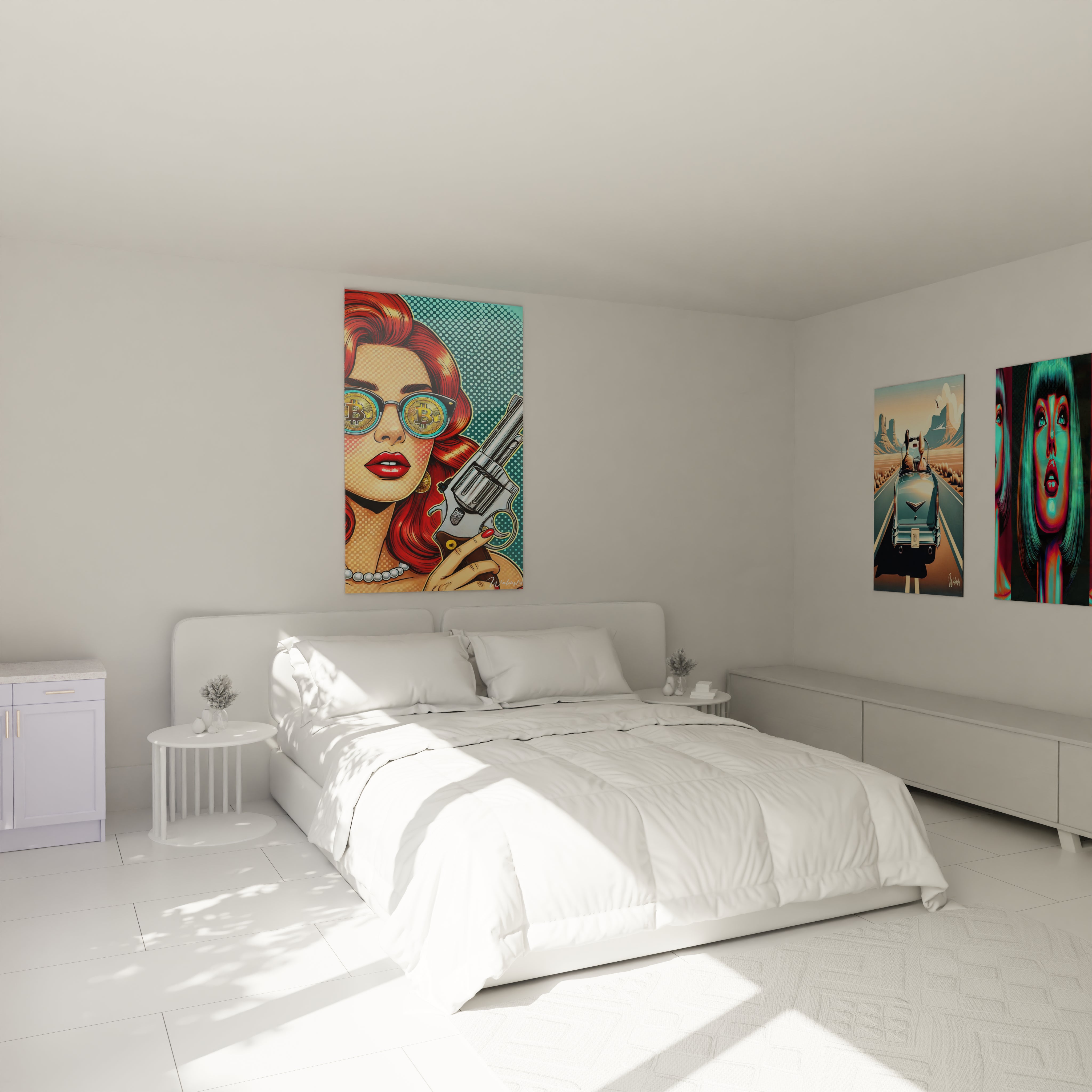 "Chambre élégante avec tableau en verre acrylique Pop Art / Rétro au-dessus du lit, ajoutant une touche artistique moderne. Décoration murale design pour chambre à coucher."