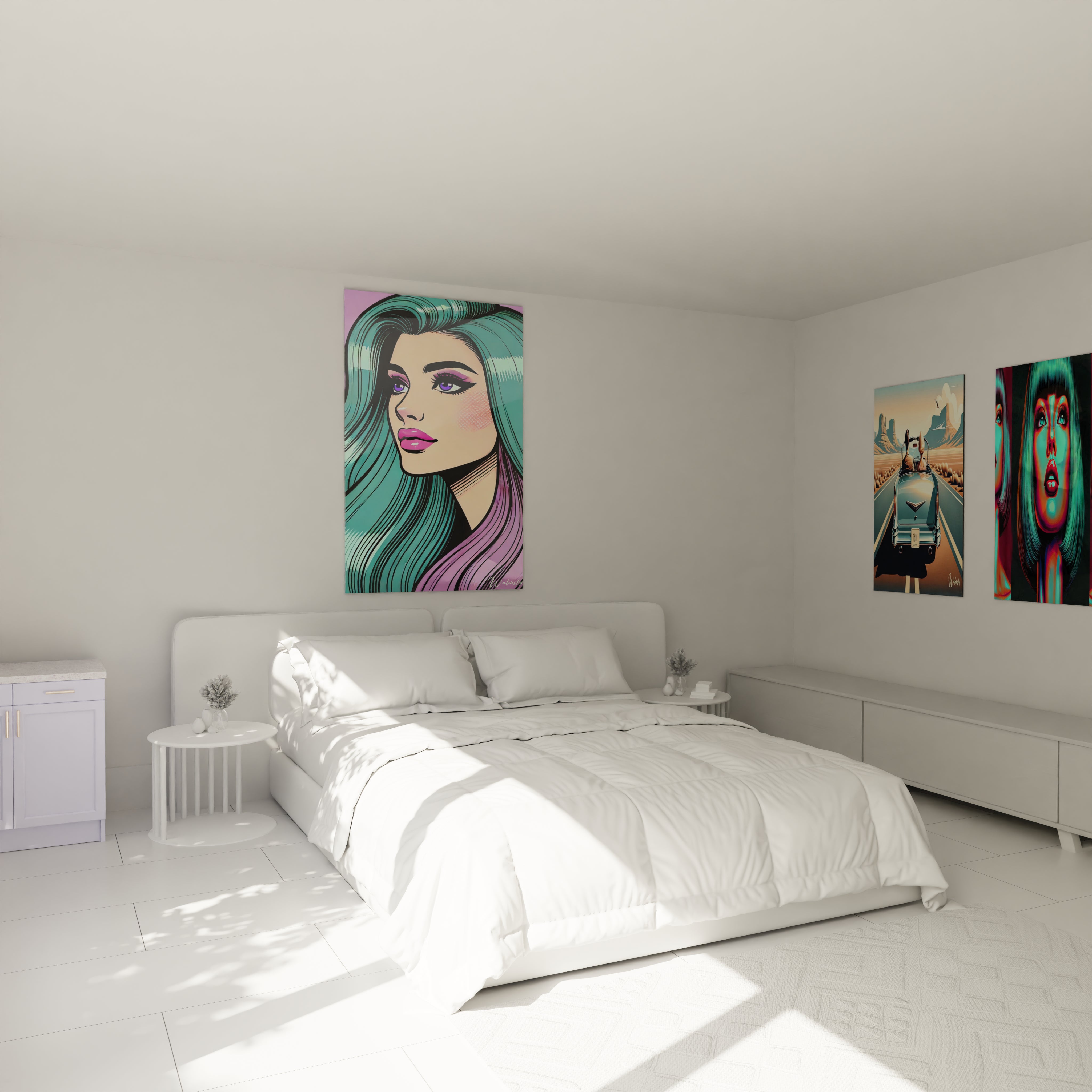 "Chambre élégante avec tableau en verre acrylique Pop Art / Rétro au-dessus du lit, ajoutant une touche artistique moderne. Décoration murale design pour chambre à coucher."