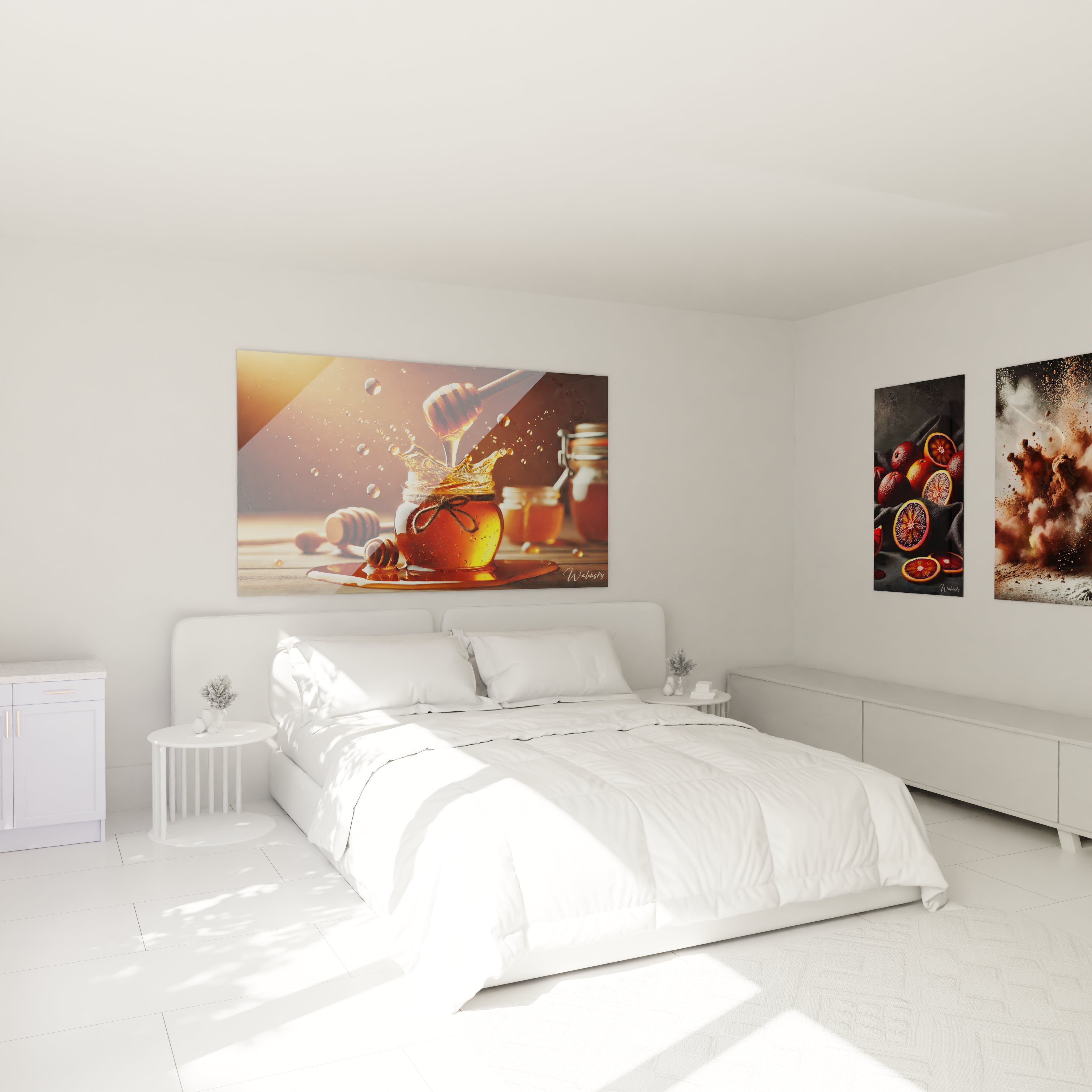 Tableau cuisine en verre acrylique au-dessus d'un lit dans une chambre - Décoration murale géante et élégante - Art mural moderne pour chambre - Ambiance sophistiquée avec tableau de grande taille - Décoration intérieure de qualité pour chambre à coucher