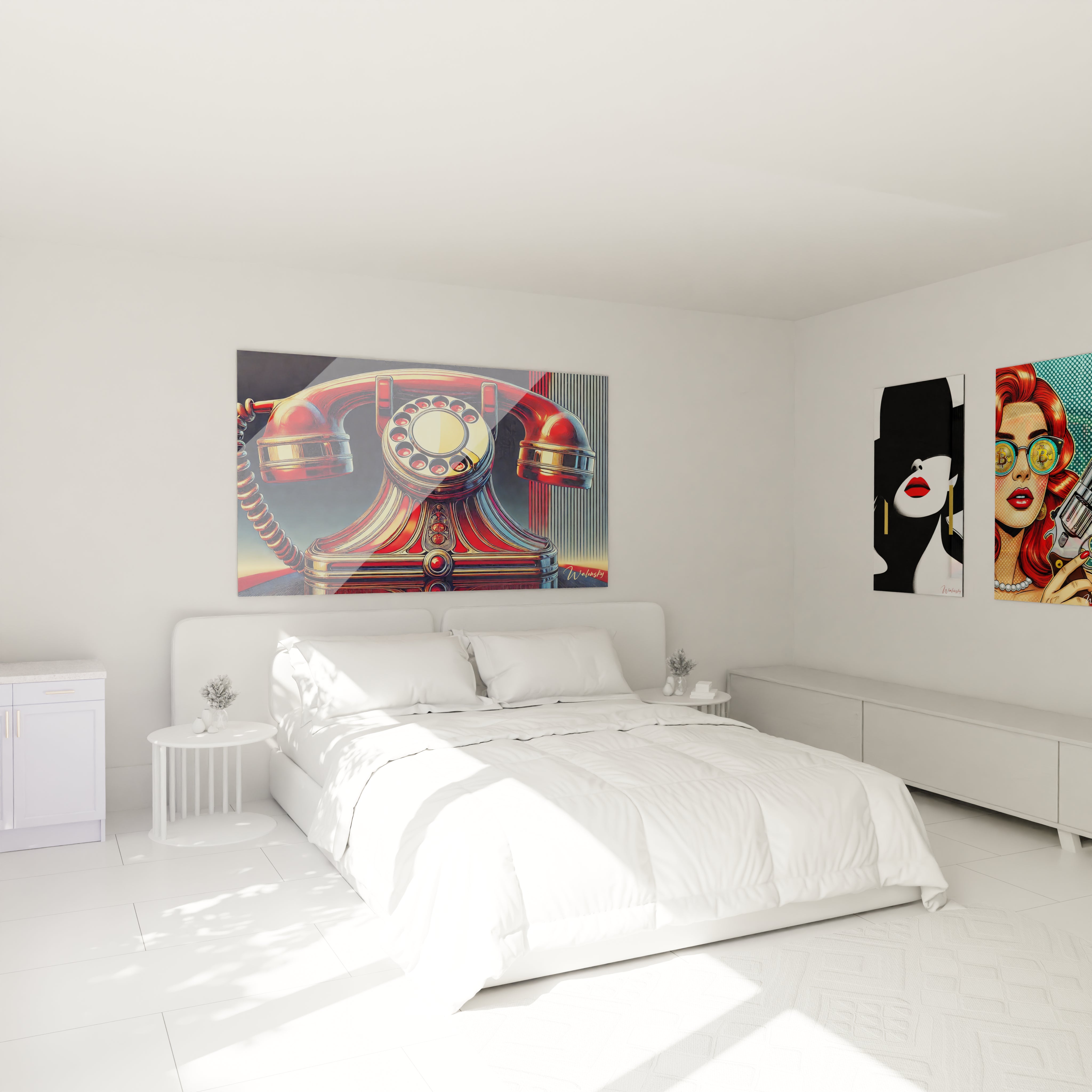 "Chambre élégante avec tableau en verre acrylique Pop Art / Rétro au-dessus du lit, ajoutant une touche artistique moderne. Décoration murale design pour chambre à coucher."