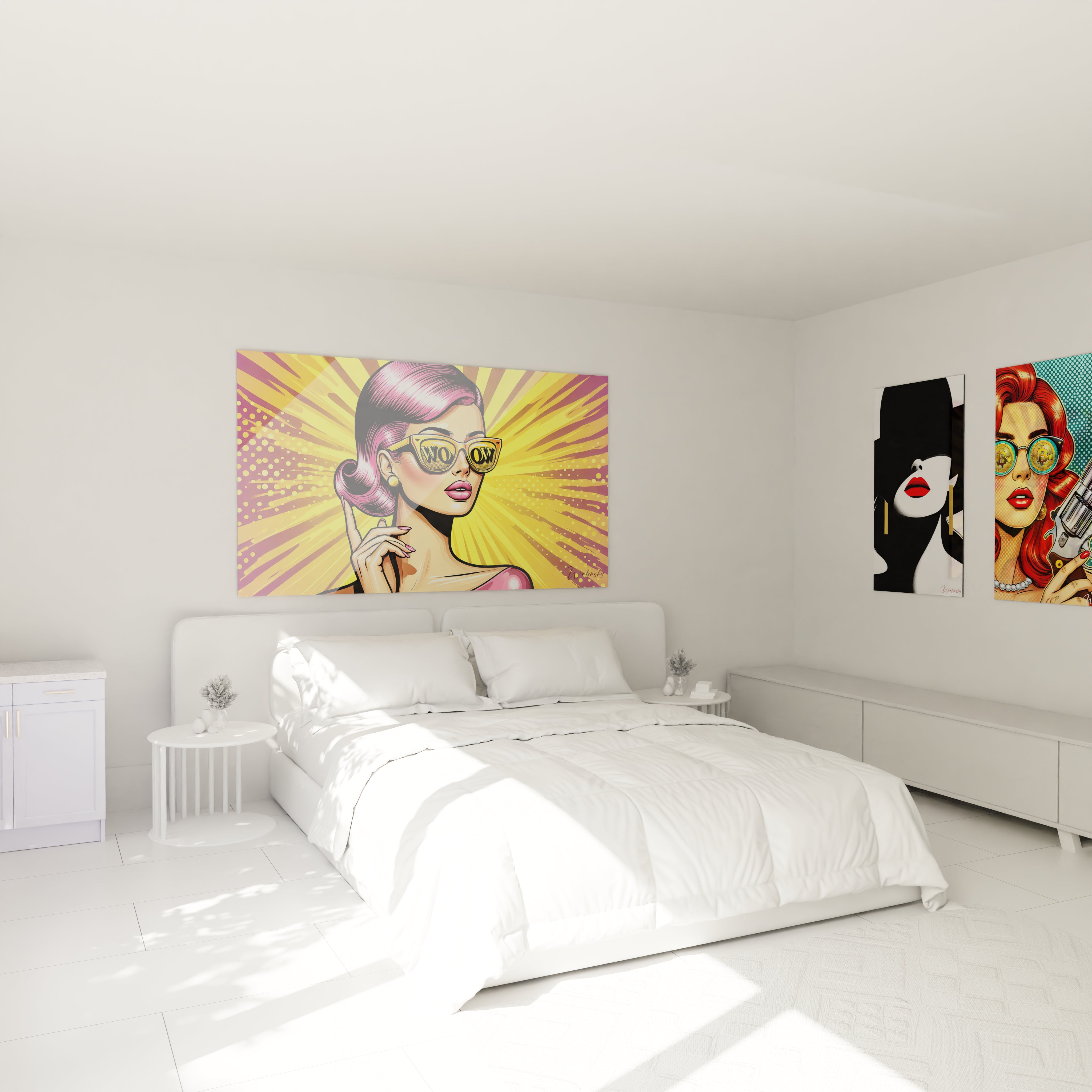 "Chambre élégante avec tableau en verre acrylique Pop Art / Rétro au-dessus du lit, ajoutant une touche artistique moderne. Décoration murale design pour chambre à coucher."