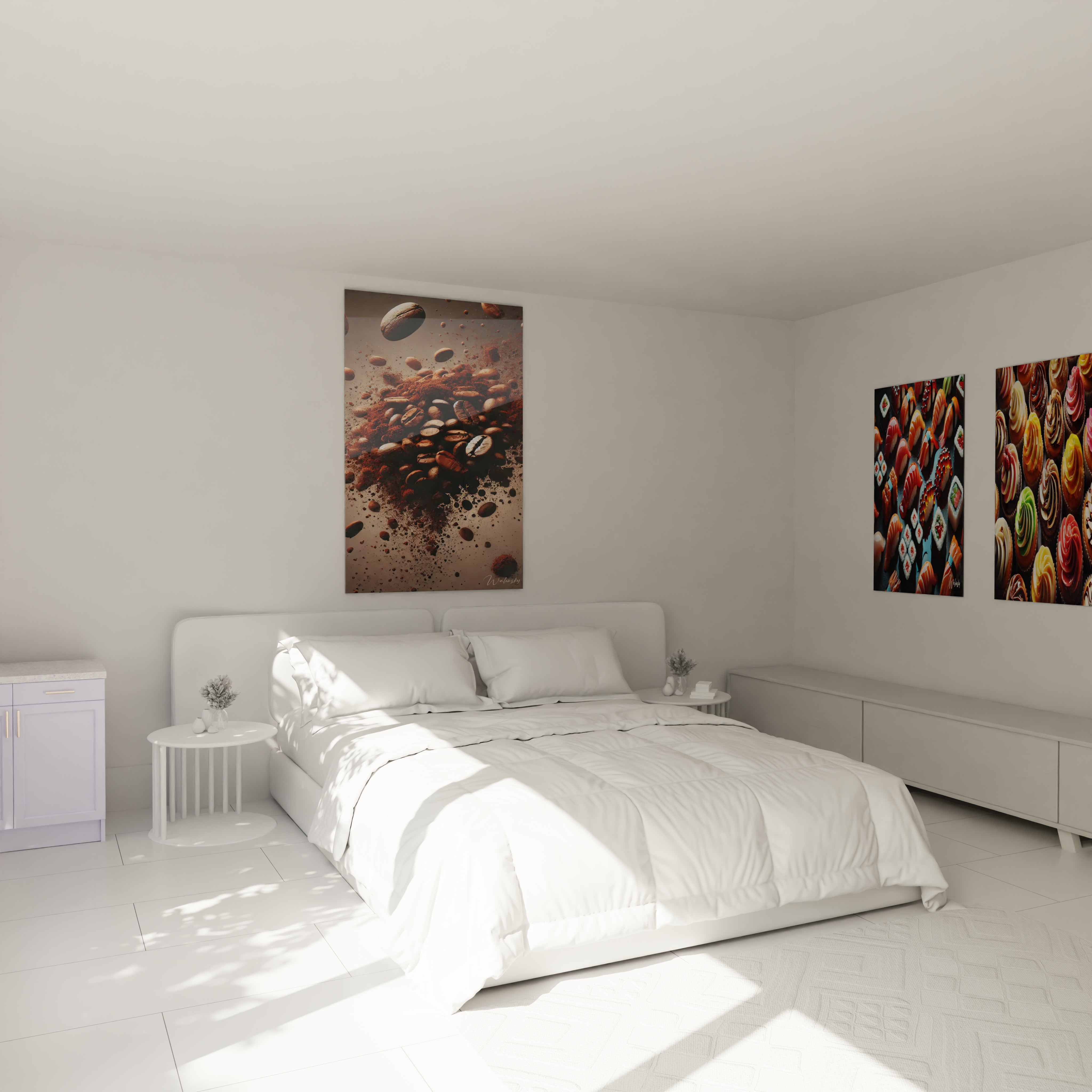 Tableau cuisine en verre acrylique au-dessus d'un lit dans une chambre - Décoration murale géante et élégante - Art mural moderne pour chambre - Ambiance sophistiquée avec tableau de grande taille - Décoration intérieure de qualité pour chambre à coucher