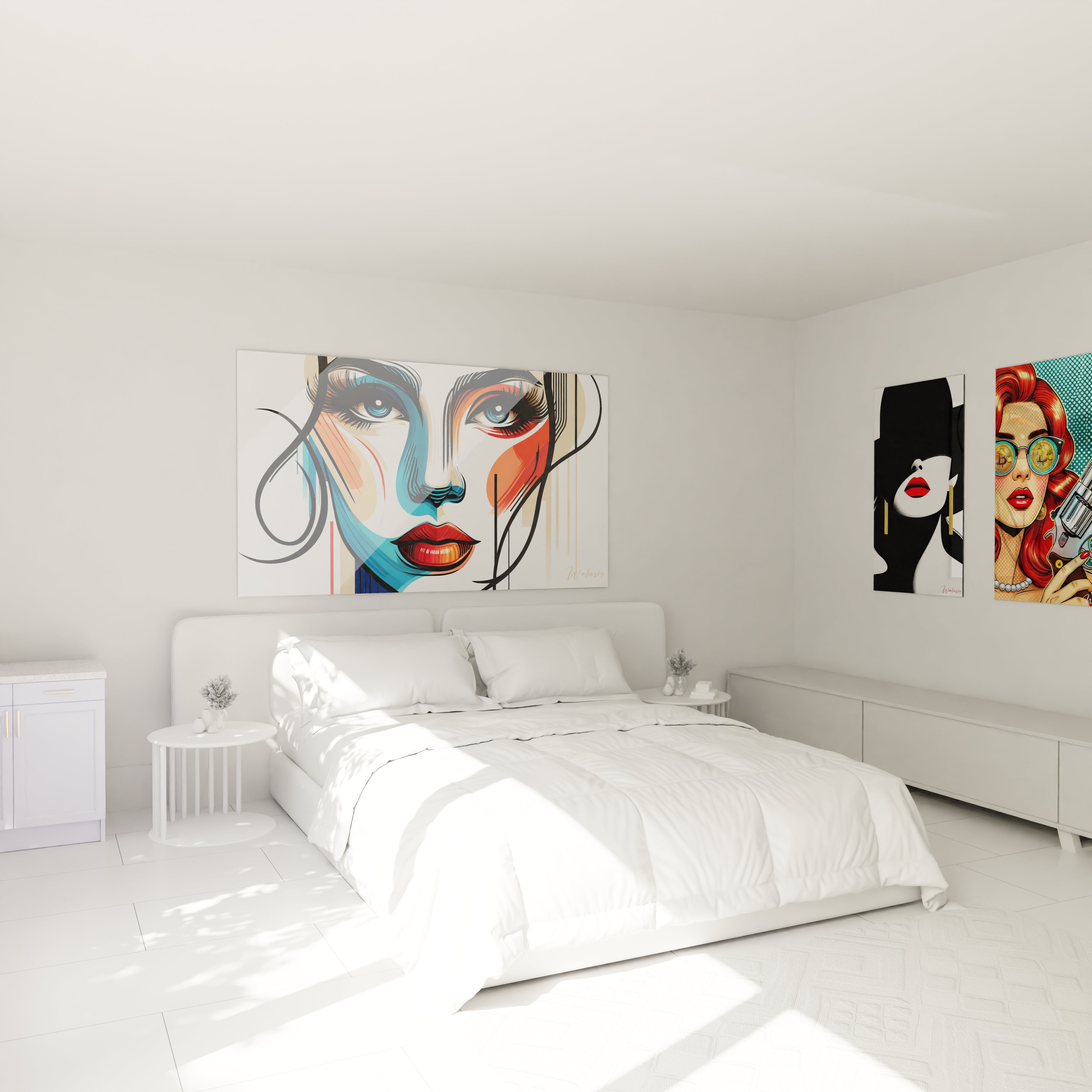 "Chambre élégante avec tableau en verre acrylique Pop Art / Rétro au-dessus du lit, ajoutant une touche artistique moderne. Décoration murale design pour chambre à coucher."