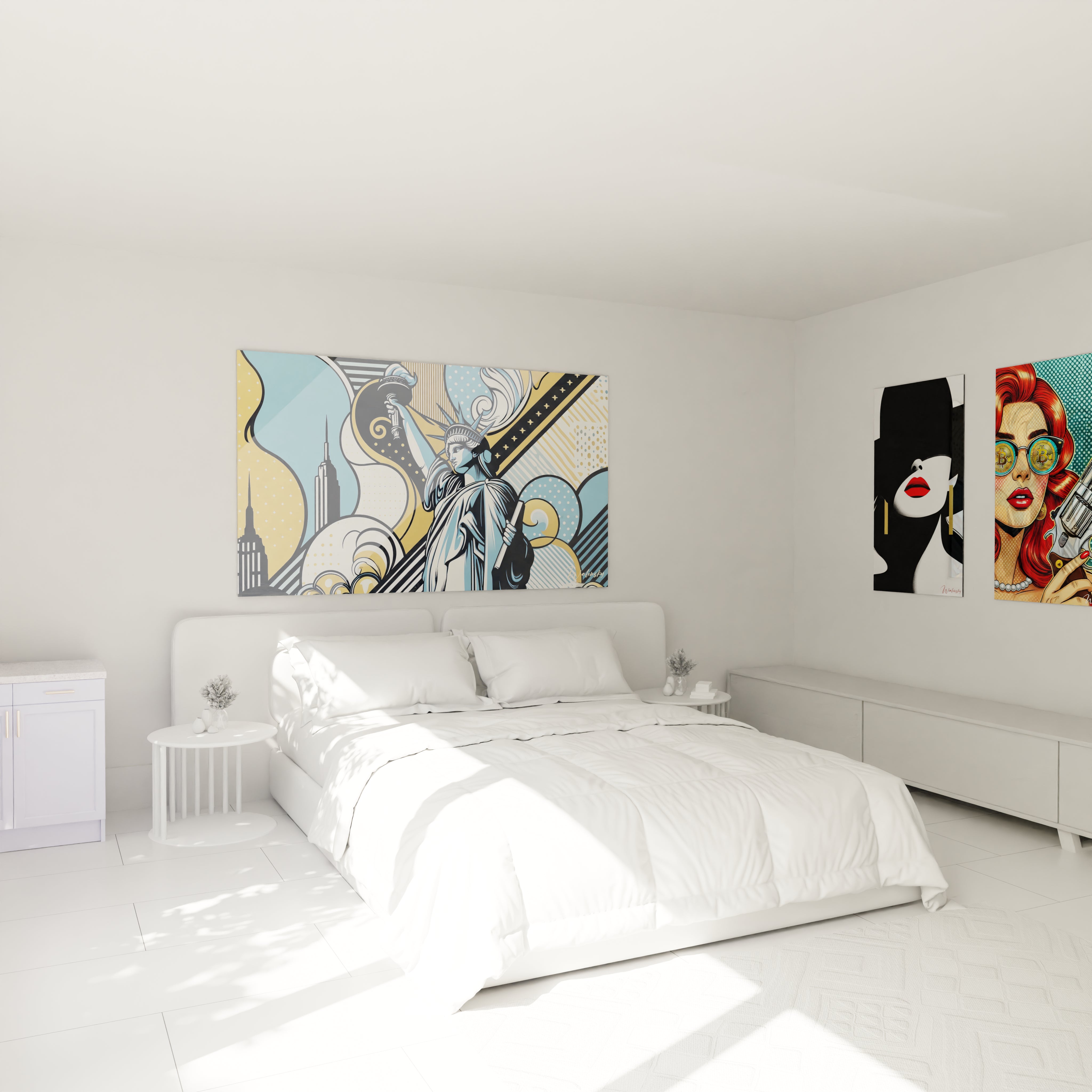 "Chambre élégante avec tableau en verre acrylique Pop Art / Rétro au-dessus du lit, ajoutant une touche artistique moderne. Décoration murale design pour chambre à coucher."