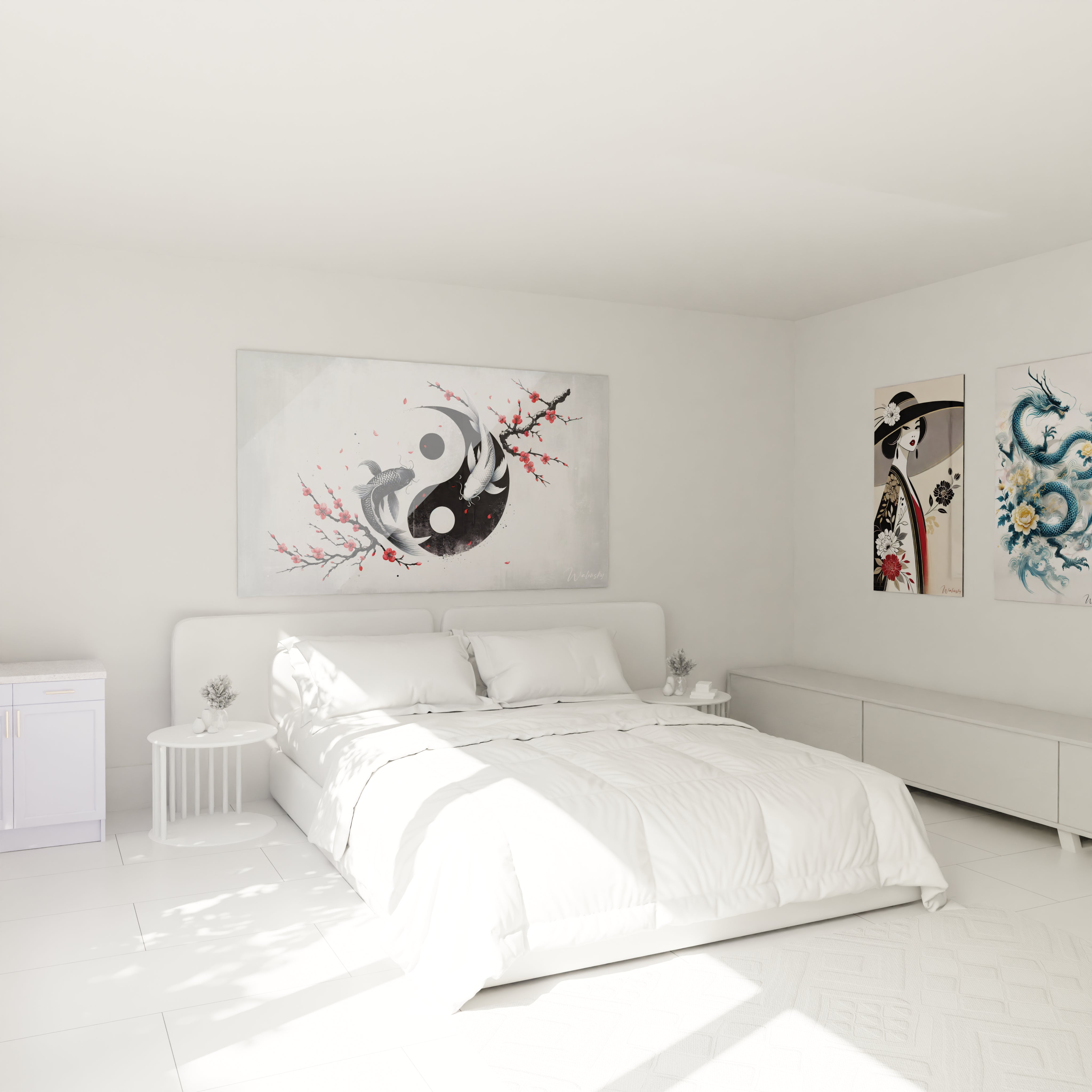 tableau asie accroché au mur au-dessus d’un lit carpes koï yin-yang cerisier rouge fond minimaliste chambre ambiance zen

