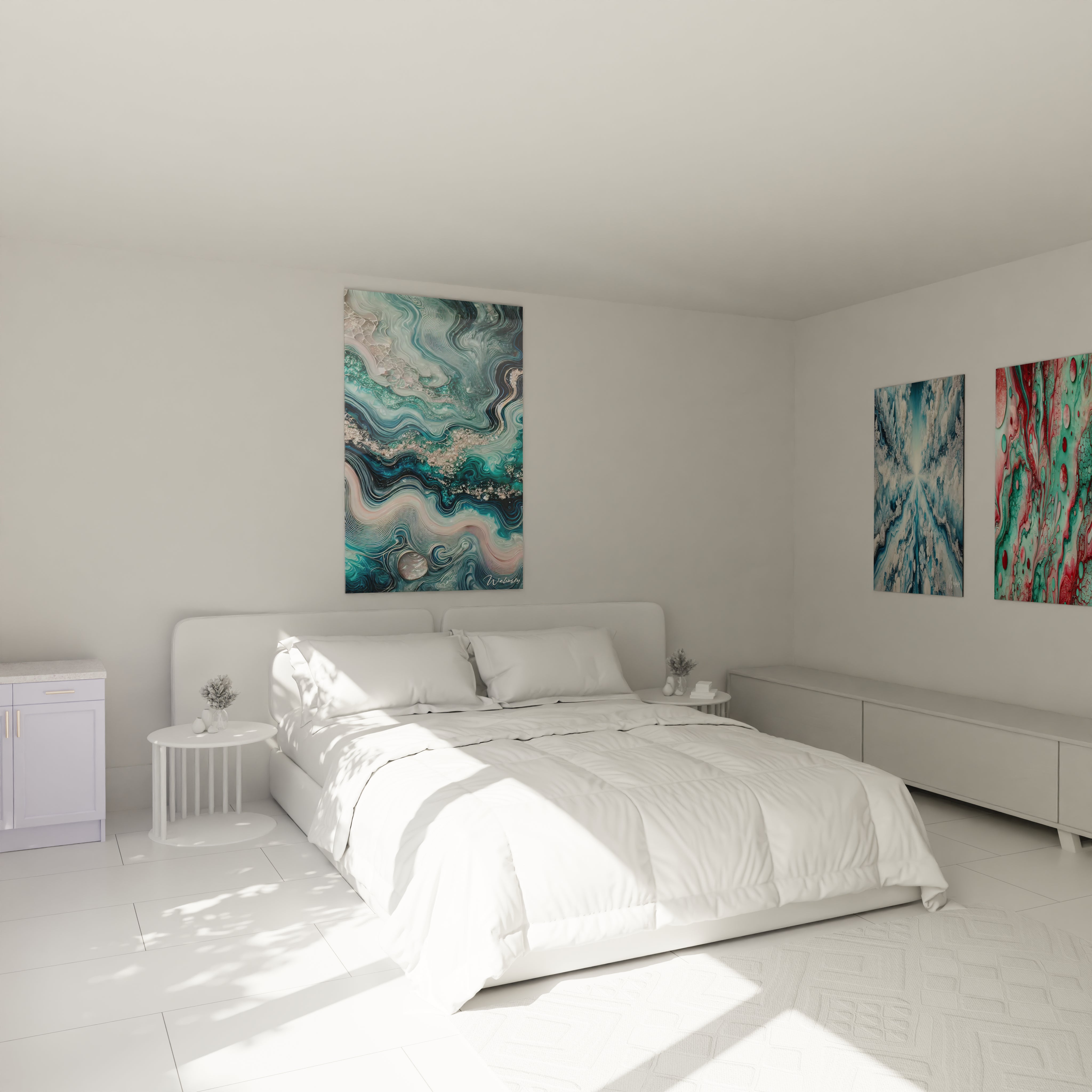 Tableau géant en verre acrylique époxy au-dessus d'un lit dans une chambre moderne - Art mural élégant pour chambre à coucher, décoration d'intérieur avec peinture époxy lumineuse et transparente, design contemporain