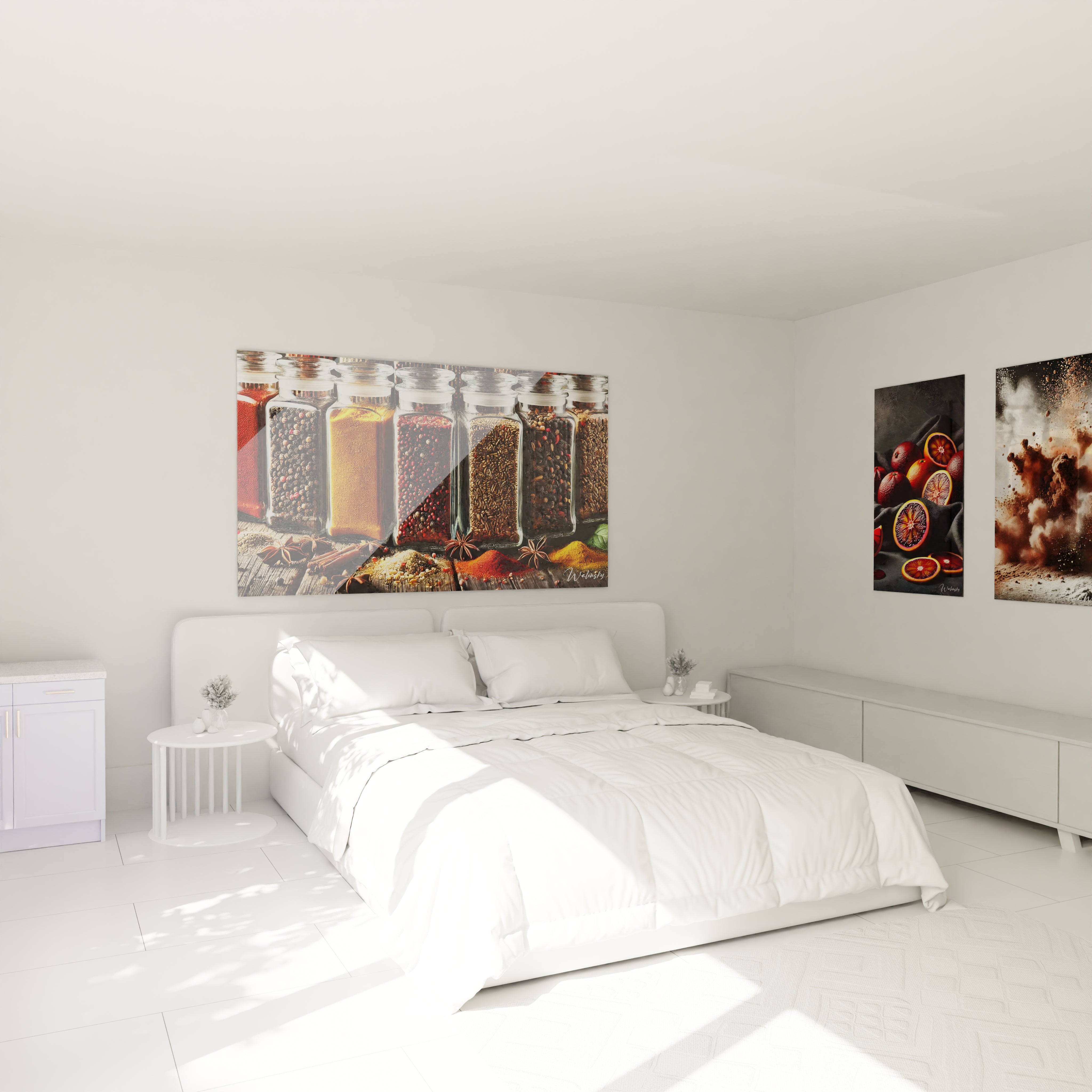 Tableau cuisine en verre acrylique au-dessus d'un lit dans une chambre - Décoration murale géante et élégante - Art mural moderne pour chambre - Ambiance sophistiquée avec tableau de grande taille - Décoration intérieure de qualité pour chambre à coucher