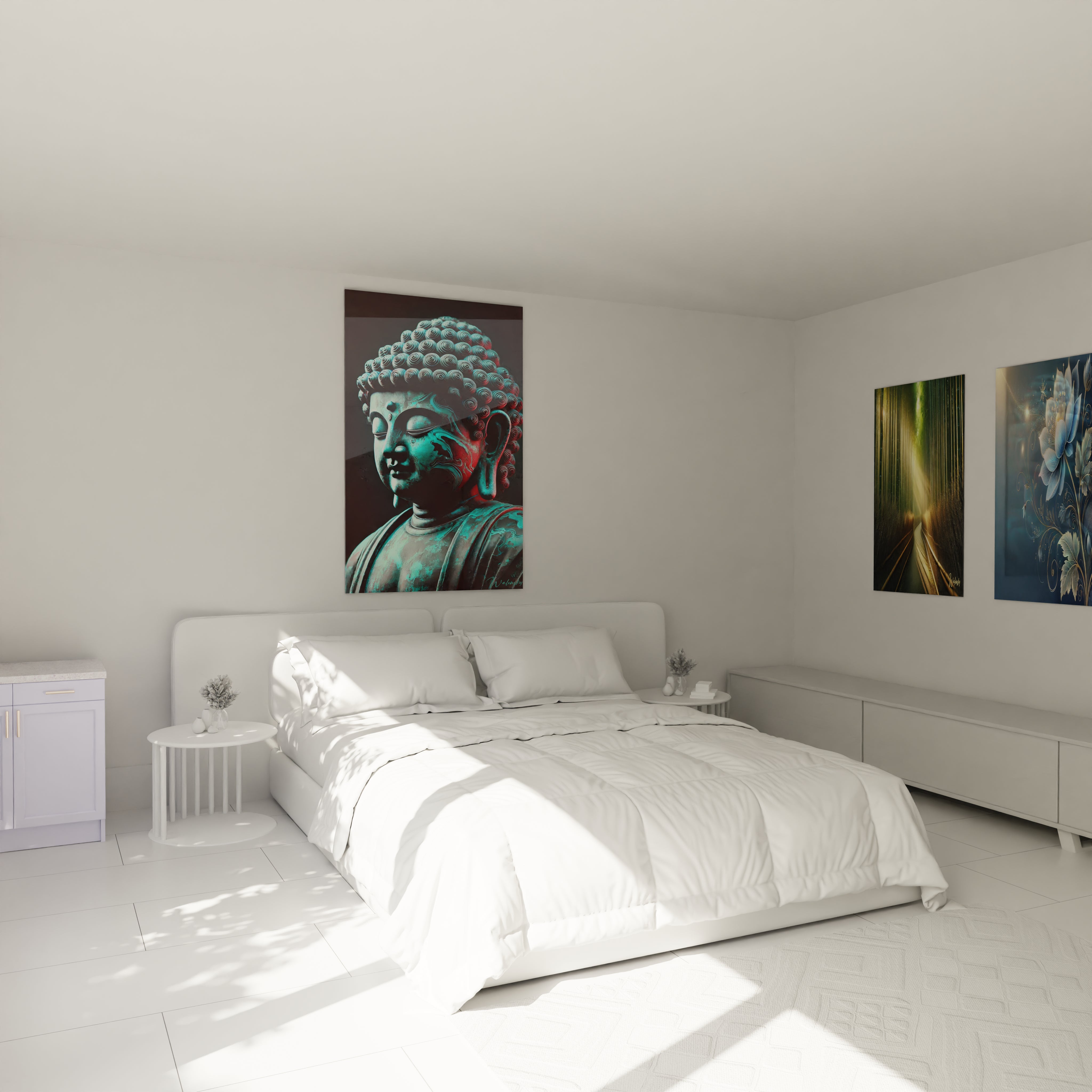 tableau zen accroche chambre mur au dessus lit visage bouddha motifs ondulants teintes turquoise rouge noir energie serenite meditation et eveil spirituel propice detente

