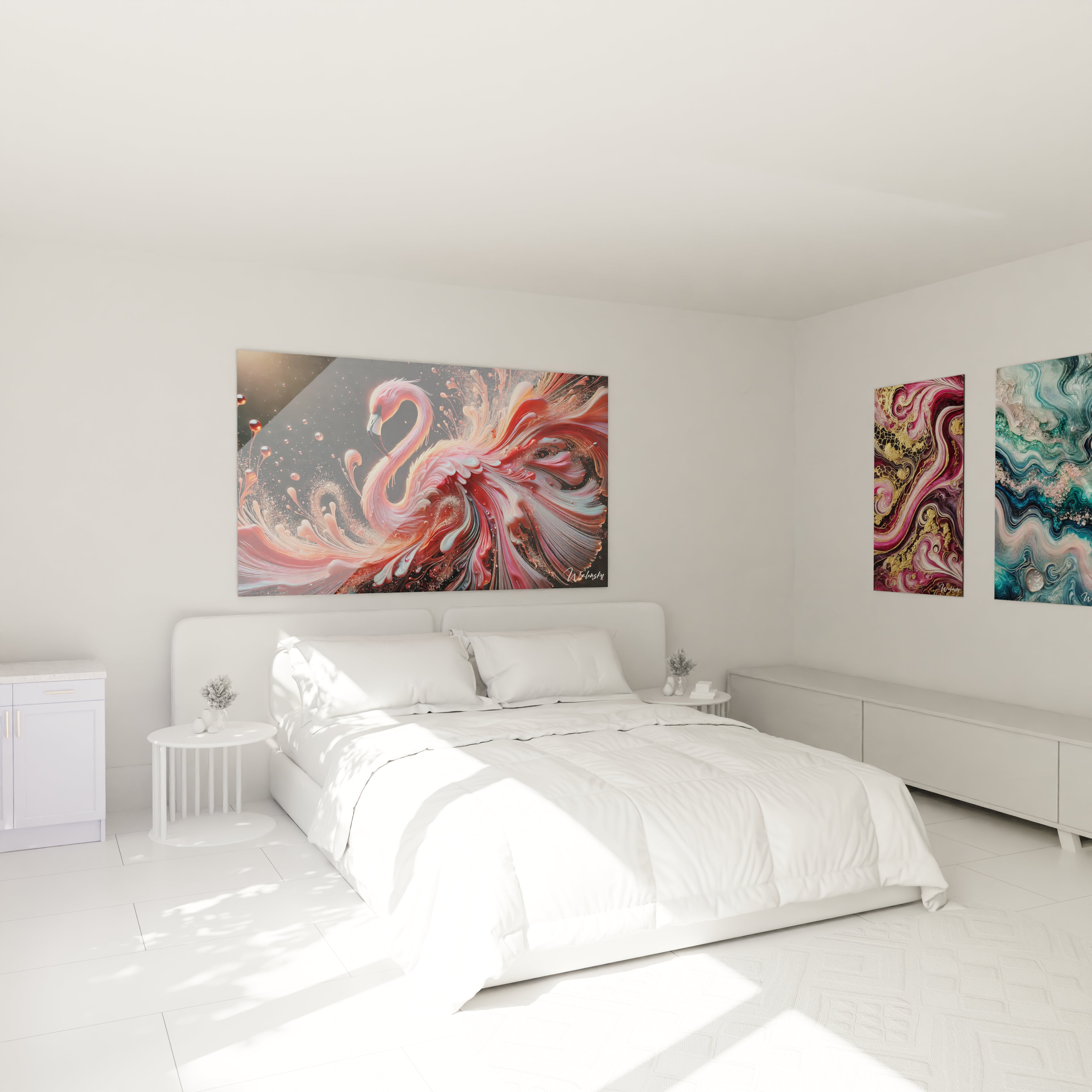 Tableau géant en verre acrylique époxy au-dessus d'un lit dans une chambre moderne - Art mural élégant pour chambre à coucher, décoration d'intérieur avec peinture époxy lumineuse et transparente, design contemporain