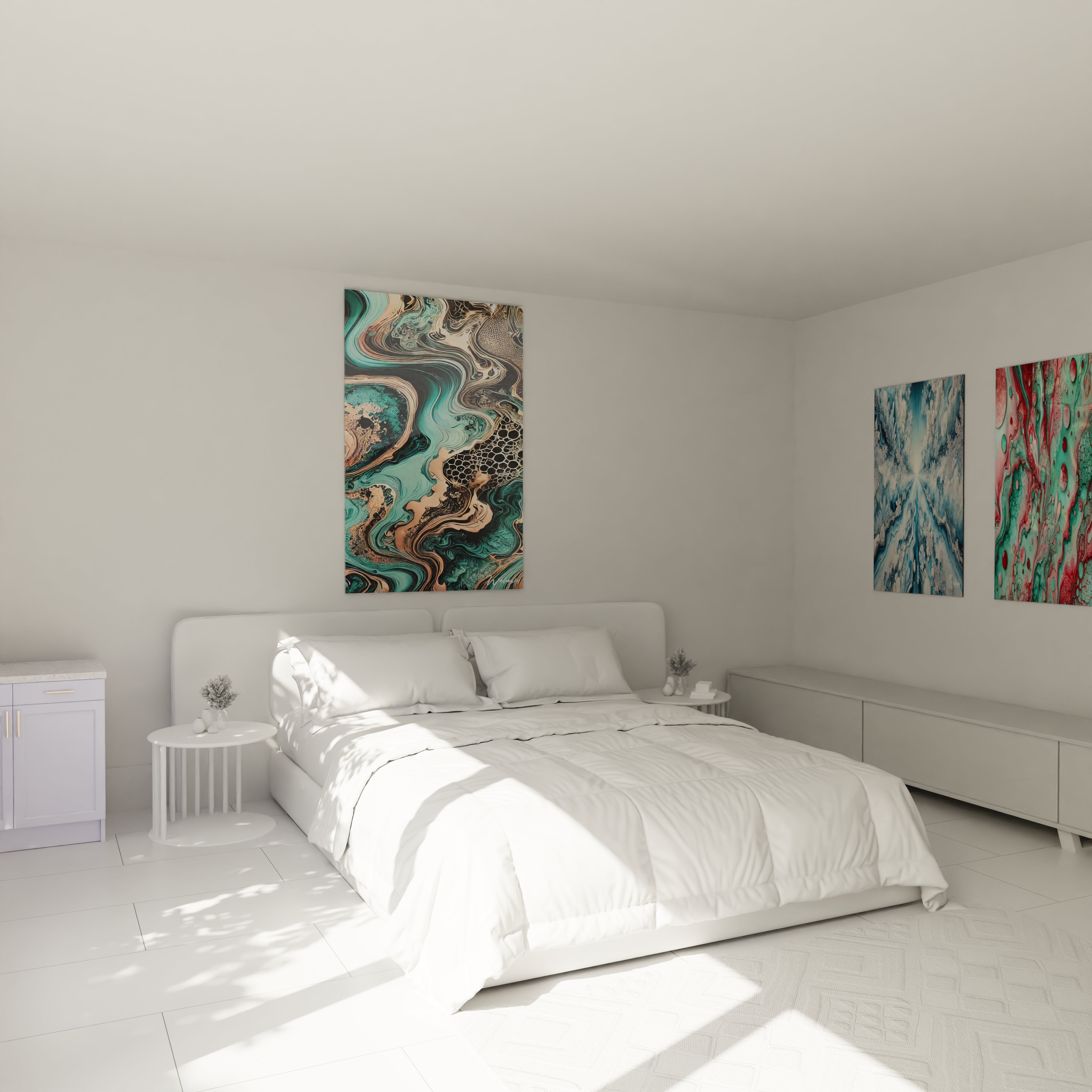 Tableau géant en verre acrylique époxy au-dessus d'un lit dans une chambre moderne - Art mural élégant pour chambre à coucher, décoration d'intérieur avec peinture époxy lumineuse et transparente, design contemporain