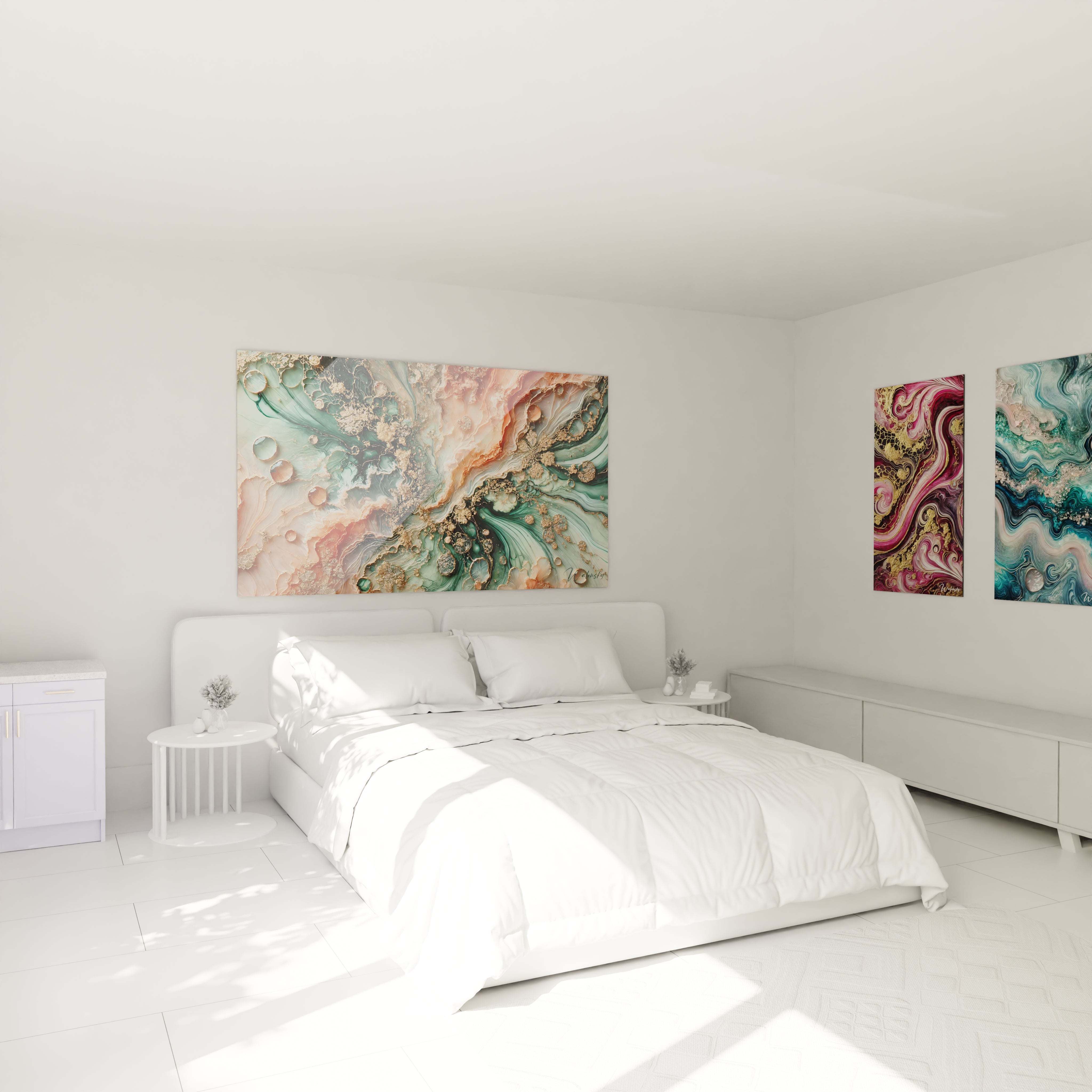 Tableau géant en verre acrylique époxy au-dessus d'un lit dans une chambre moderne - Art mural élégant pour chambre à coucher, décoration d'intérieur avec peinture époxy lumineuse et transparente, design contemporain