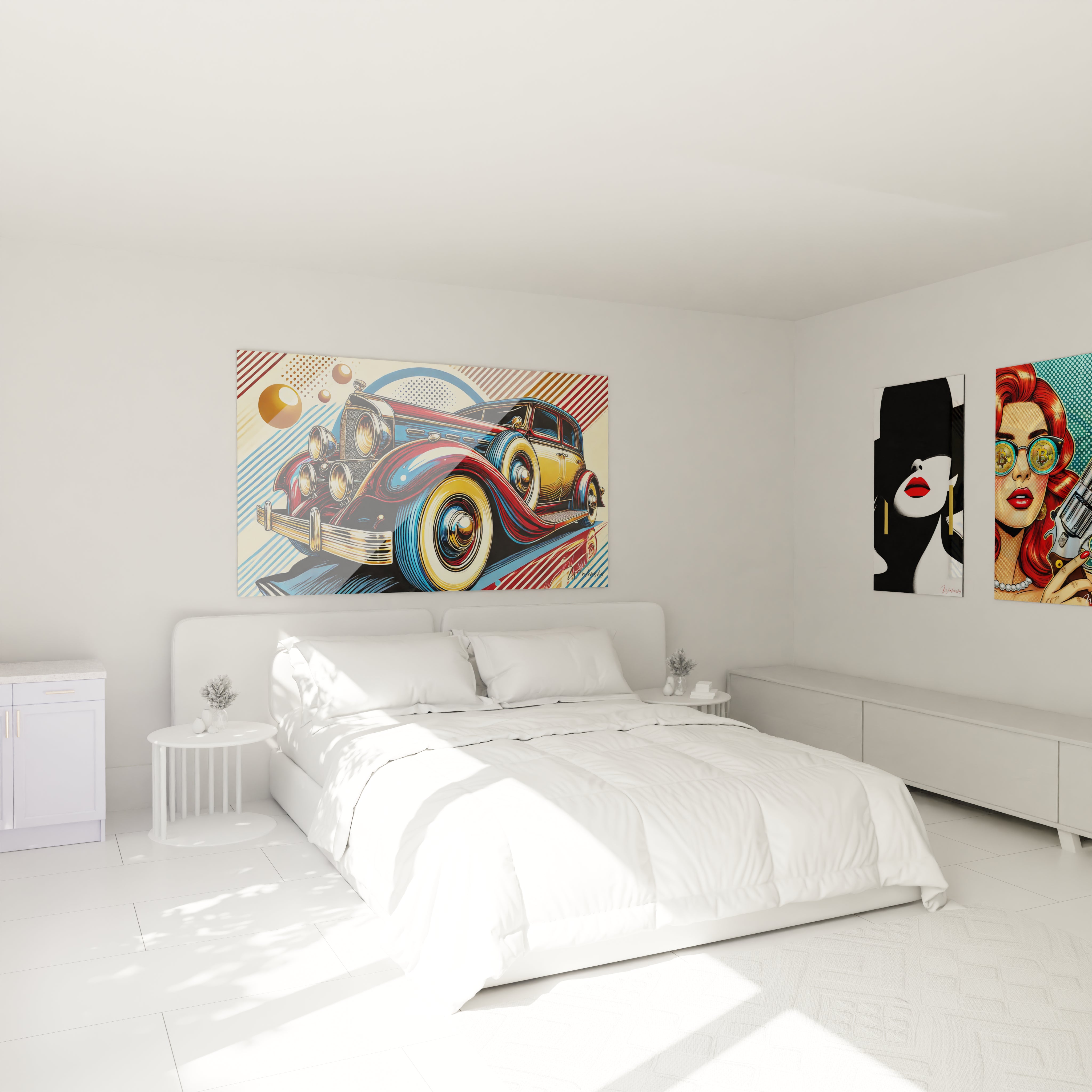 "Chambre élégante avec tableau en verre acrylique Pop Art / Rétro au-dessus du lit, ajoutant une touche artistique moderne. Décoration murale design pour chambre à coucher."