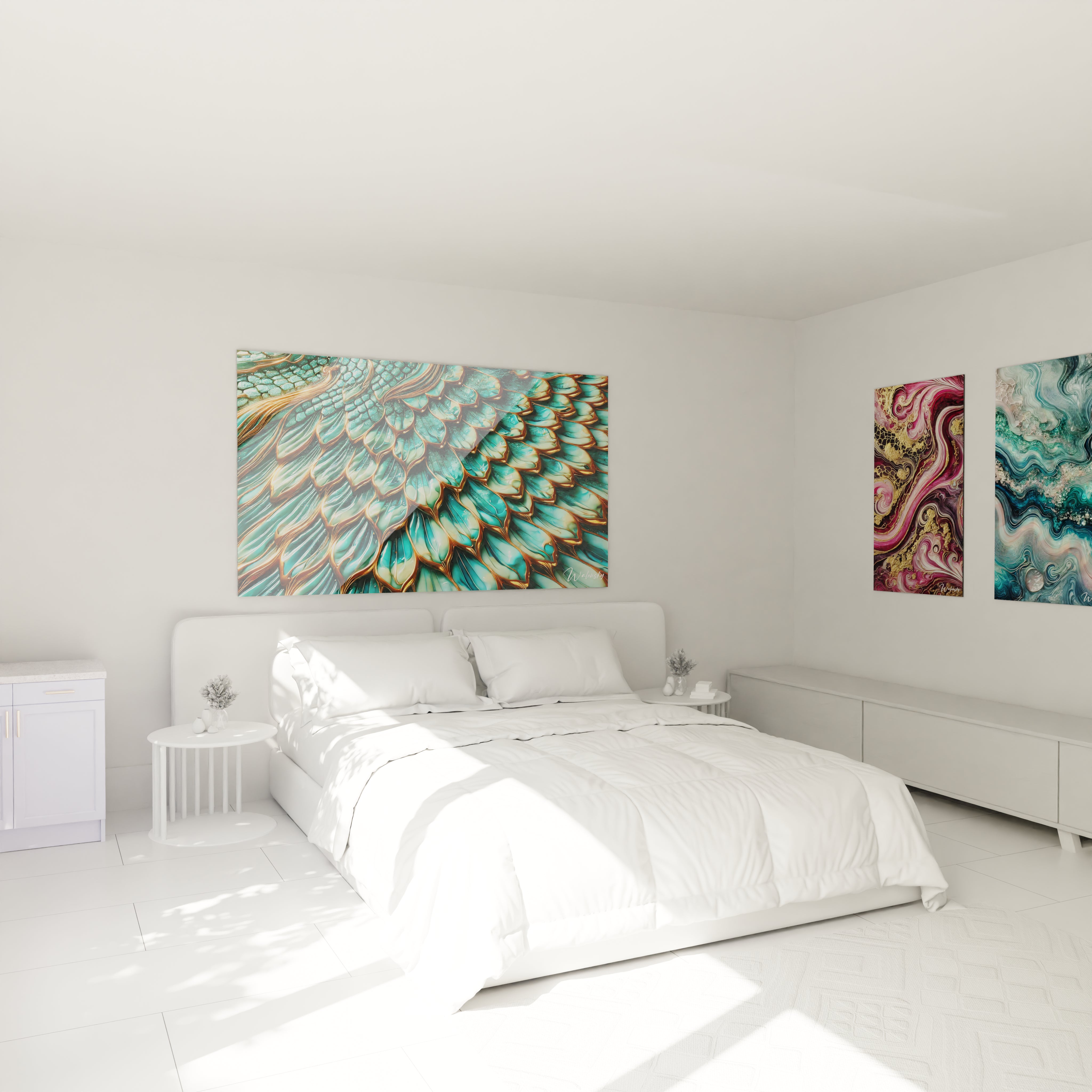 Tableau géant en verre acrylique époxy au-dessus d'un lit dans une chambre moderne - Art mural élégant pour chambre à coucher, décoration d'intérieur avec peinture époxy lumineuse et transparente, design contemporain