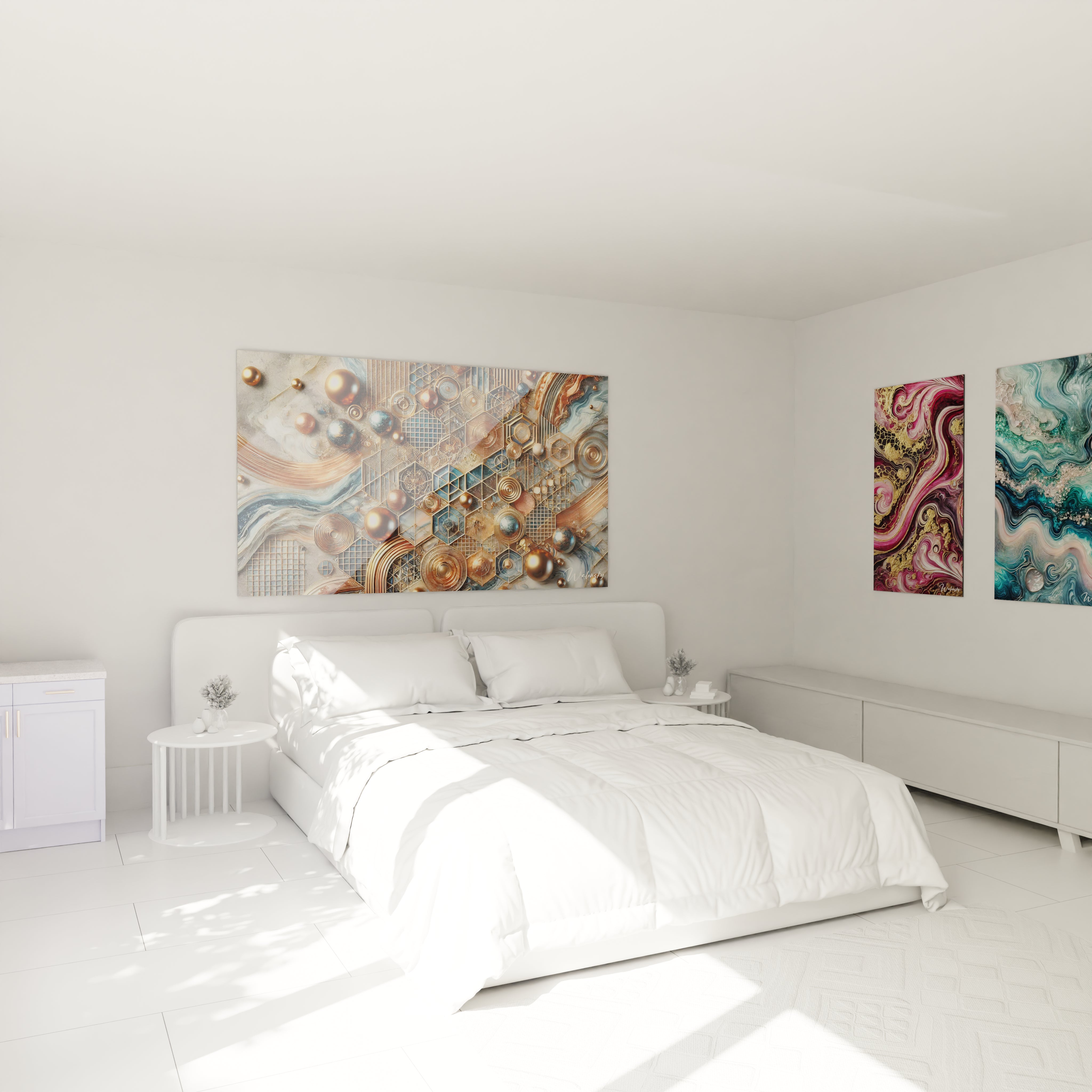 Tableau géant en verre acrylique époxy au-dessus d'un lit dans une chambre moderne - Art mural élégant pour chambre à coucher, décoration d'intérieur avec peinture époxy lumineuse et transparente, design contemporain