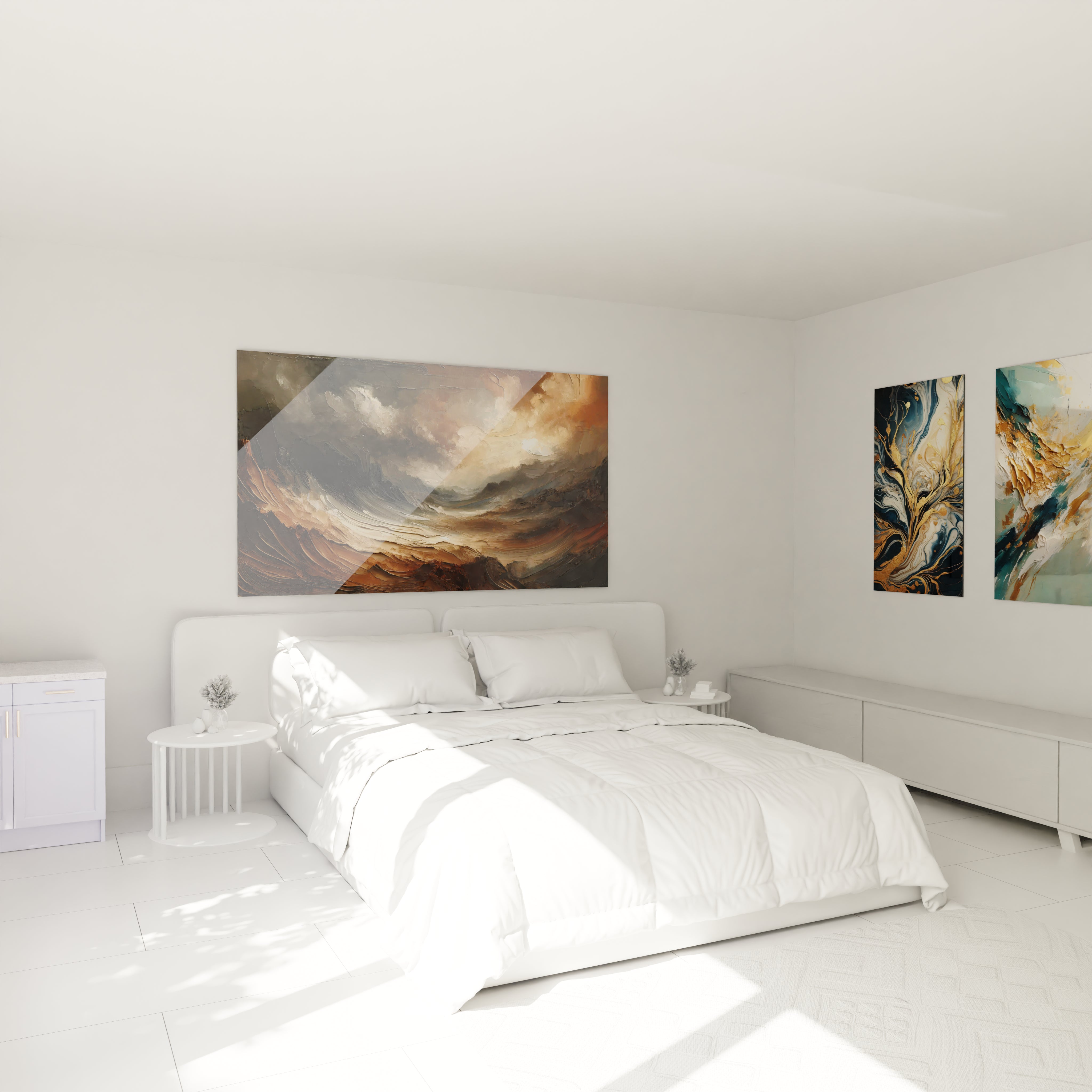 tableau paysage abstrait dans une chambre au dessus du lit evoquant la grandeur de la nature sauvage ideal pour creer une ambiance apaisante et contemplative dans votre espace de repos

