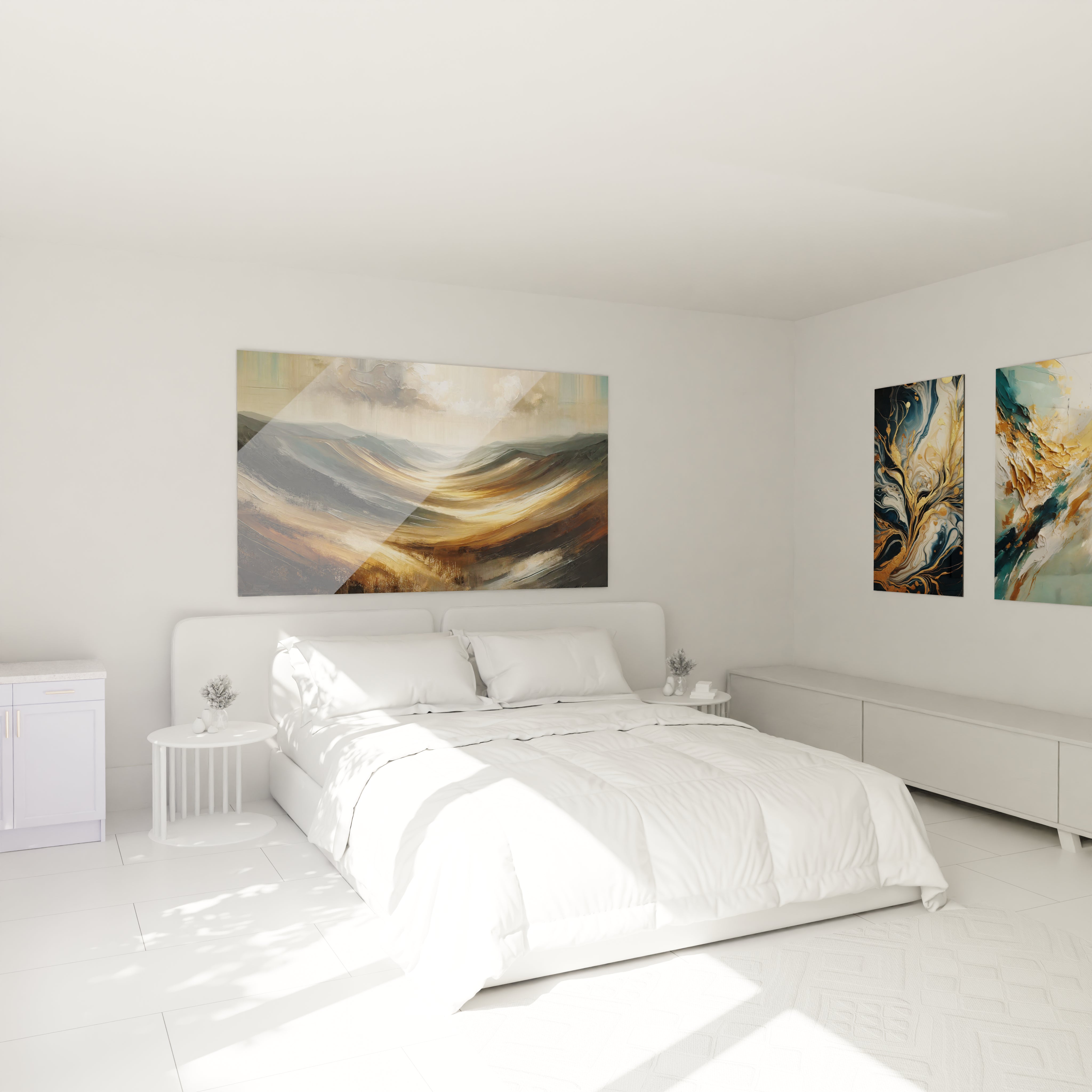 Transformez votre chambre en havre de paix avec ce tableau paysage abstrait. Placé au-dessus du lit, il invite à la contemplation et ajoute une sérénité naturelle à votre espace de repos.

