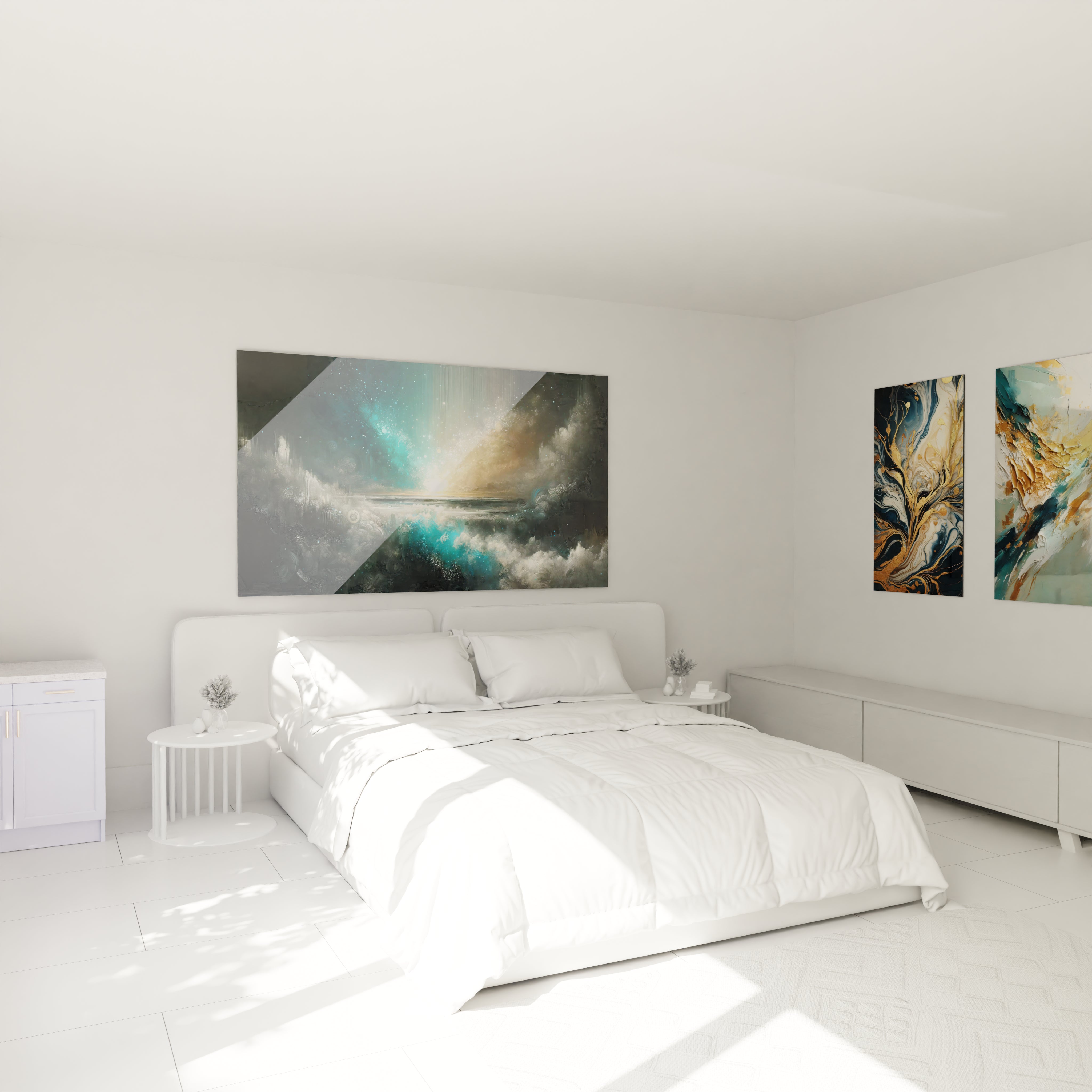 tableau expressionniste abstrait accroche au mur dans une chambre au dessus du lit, atmosphère apaisante, nuances de bleu et beige, ambiance propice a la reverie, inspire par la beaute de l univers et le calme des etoiles

