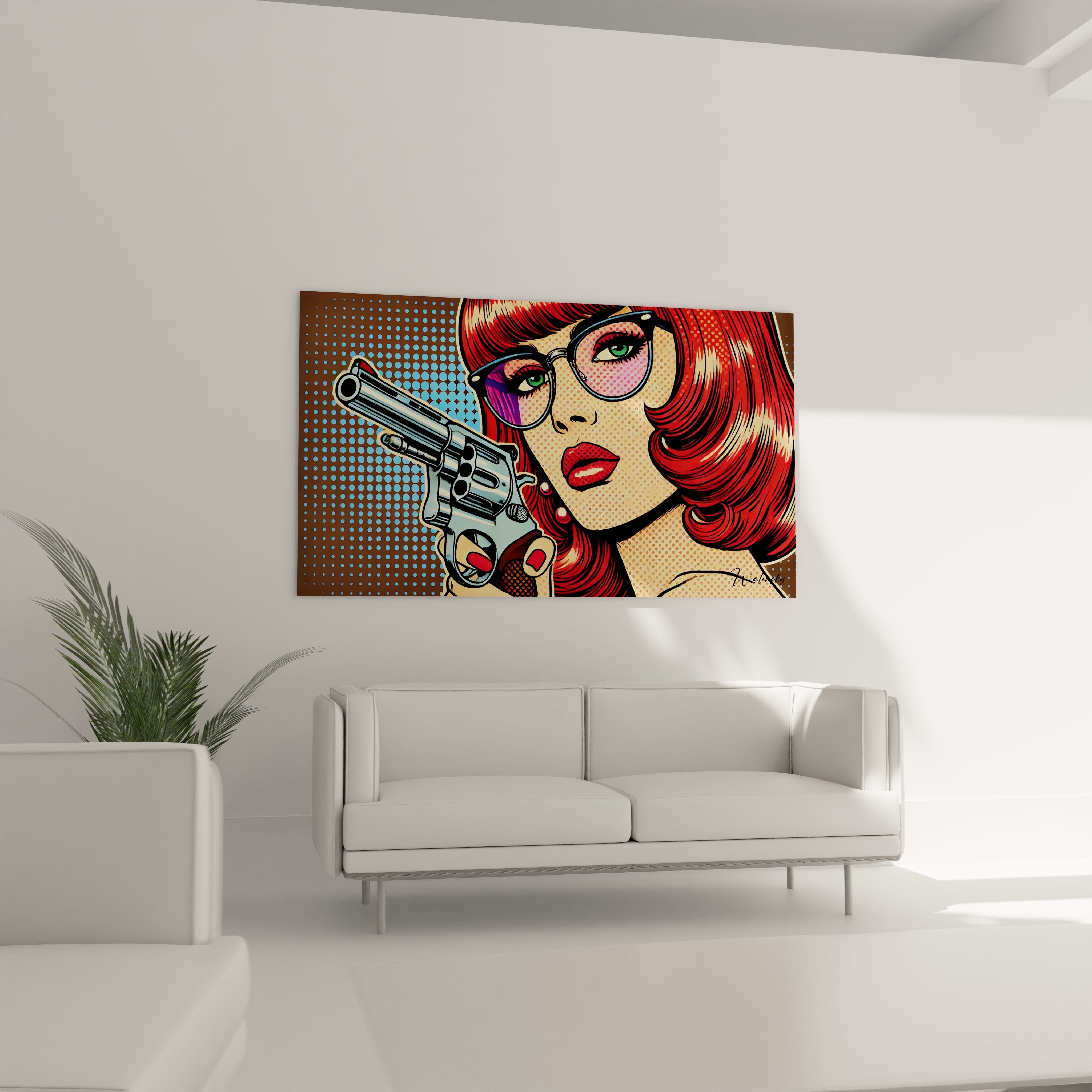 "Salon contemporain avec tableau en verre acrylique Pop Art / Rétro suspendu au-dessus du canapé. Art mural coloré et dynamique pour décoration intérieure de salon."