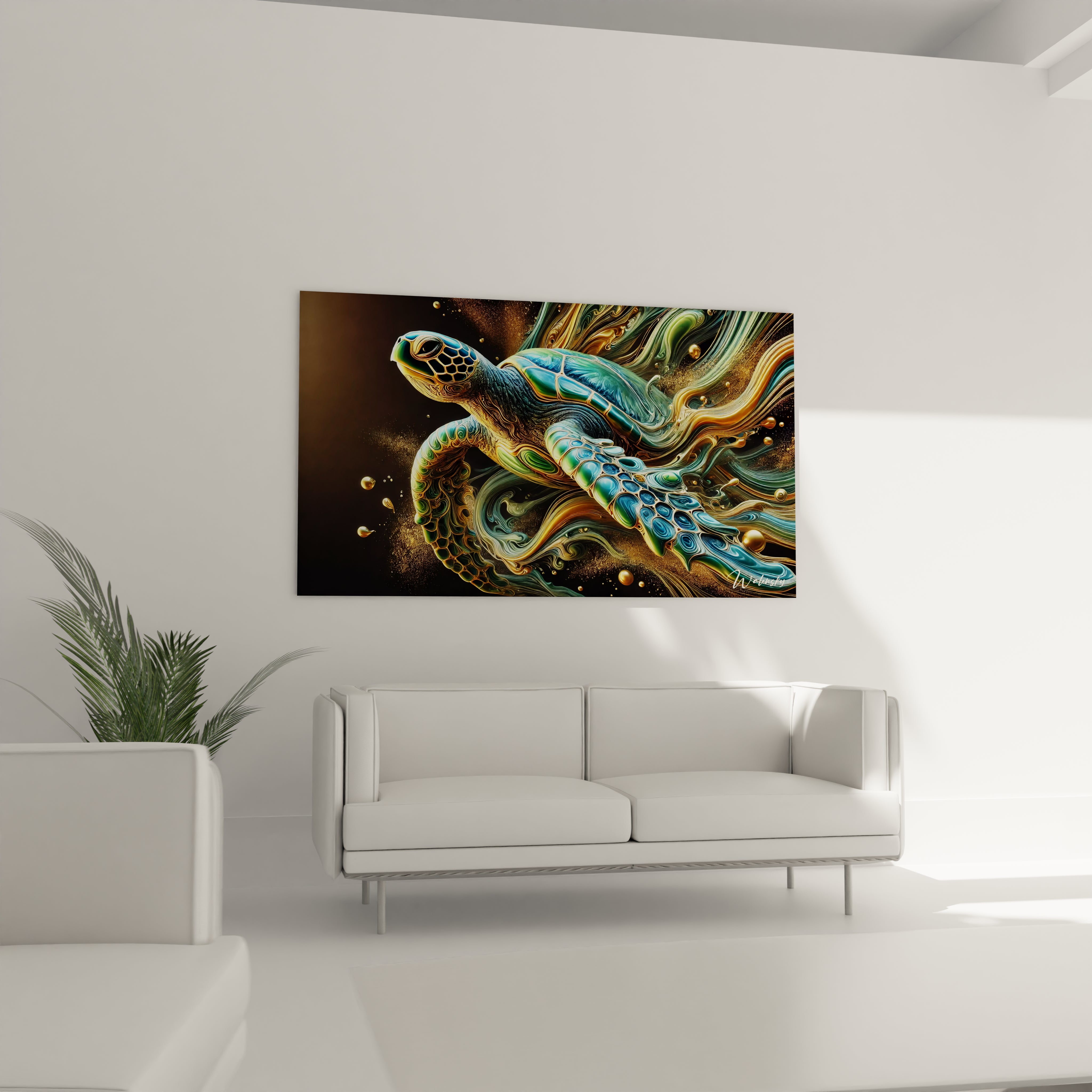 Tableau Essence Sauvage en verre acrylique au-dessus d'un canapé dans un salon - Art mural impressionnant et contemporain - Décoration intérieure inspirée par la nature pour salon - Tableau de grande taille et impression haute résolution - Élément décoratif raffiné pour salon moderne