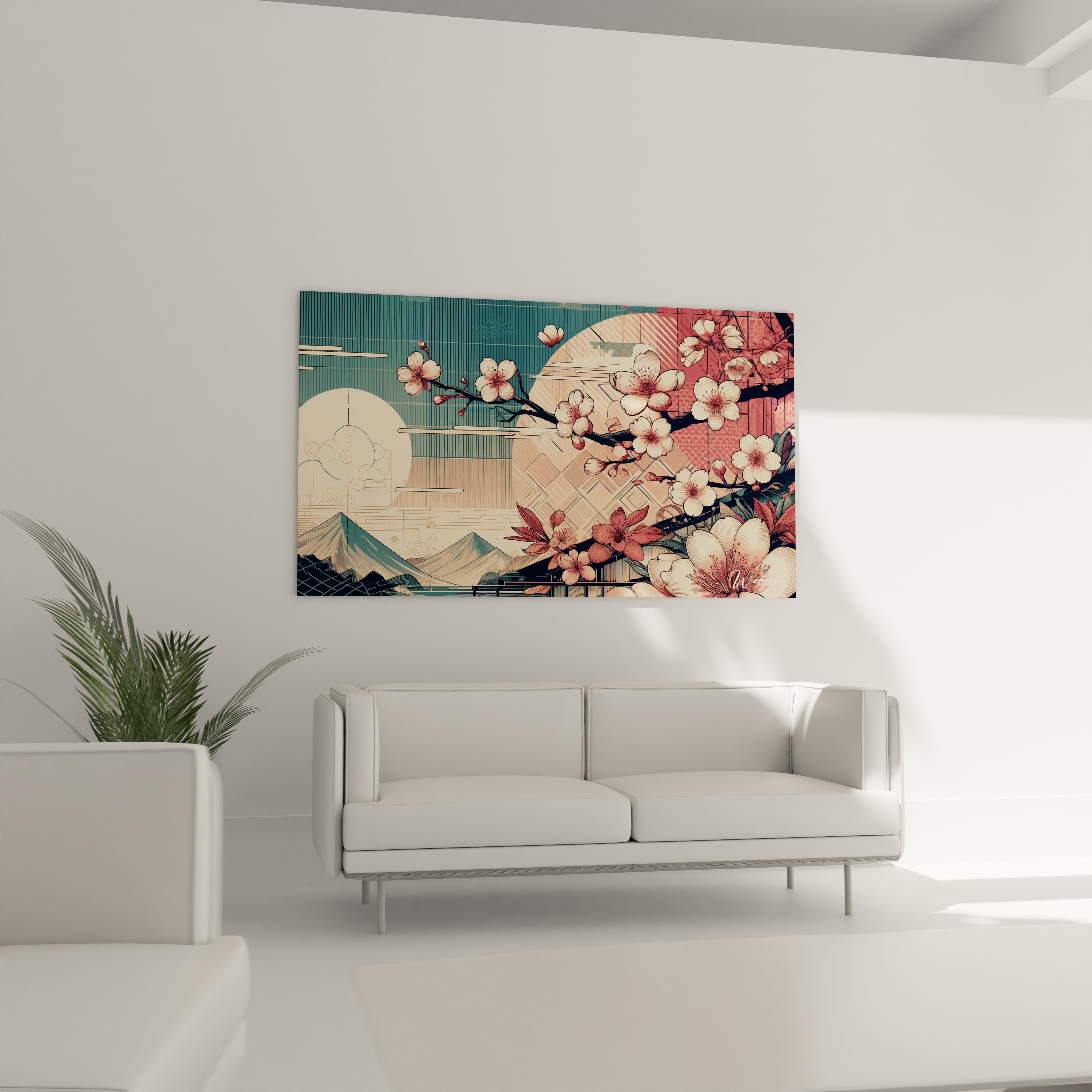 "Salon contemporain avec tableau en verre acrylique Japon / Asiatique suspendu au-dessus du canapé. Art mural inspiré de la culture asiatique, créant une ambiance paisible et élégante."