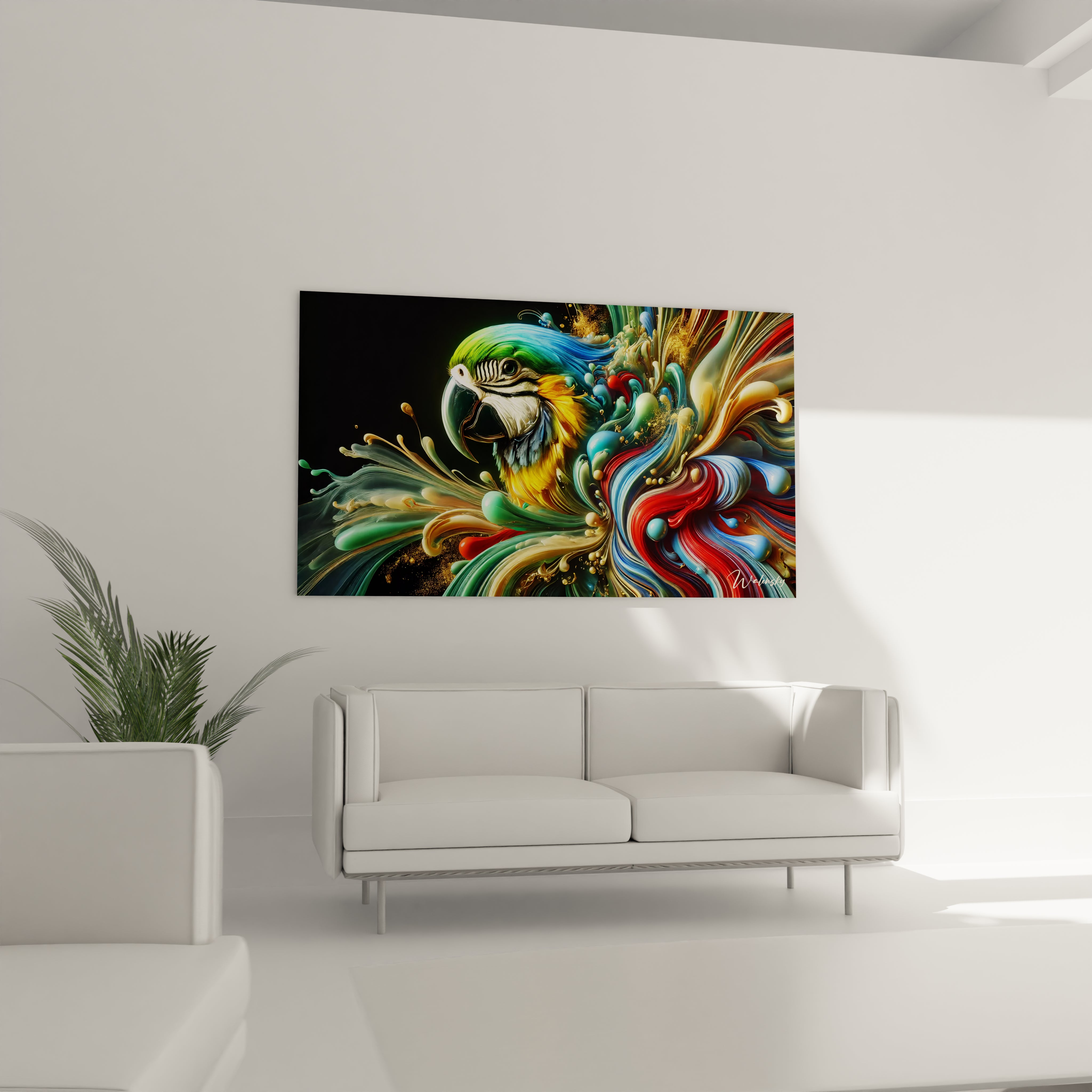 Tableau Essence Sauvage en verre acrylique au-dessus d'un canapé dans un salon - Art mural impressionnant et contemporain - Décoration intérieure inspirée par la nature pour salon - Tableau de grande taille et impression haute résolution - Élément décoratif raffiné pour salon moderne