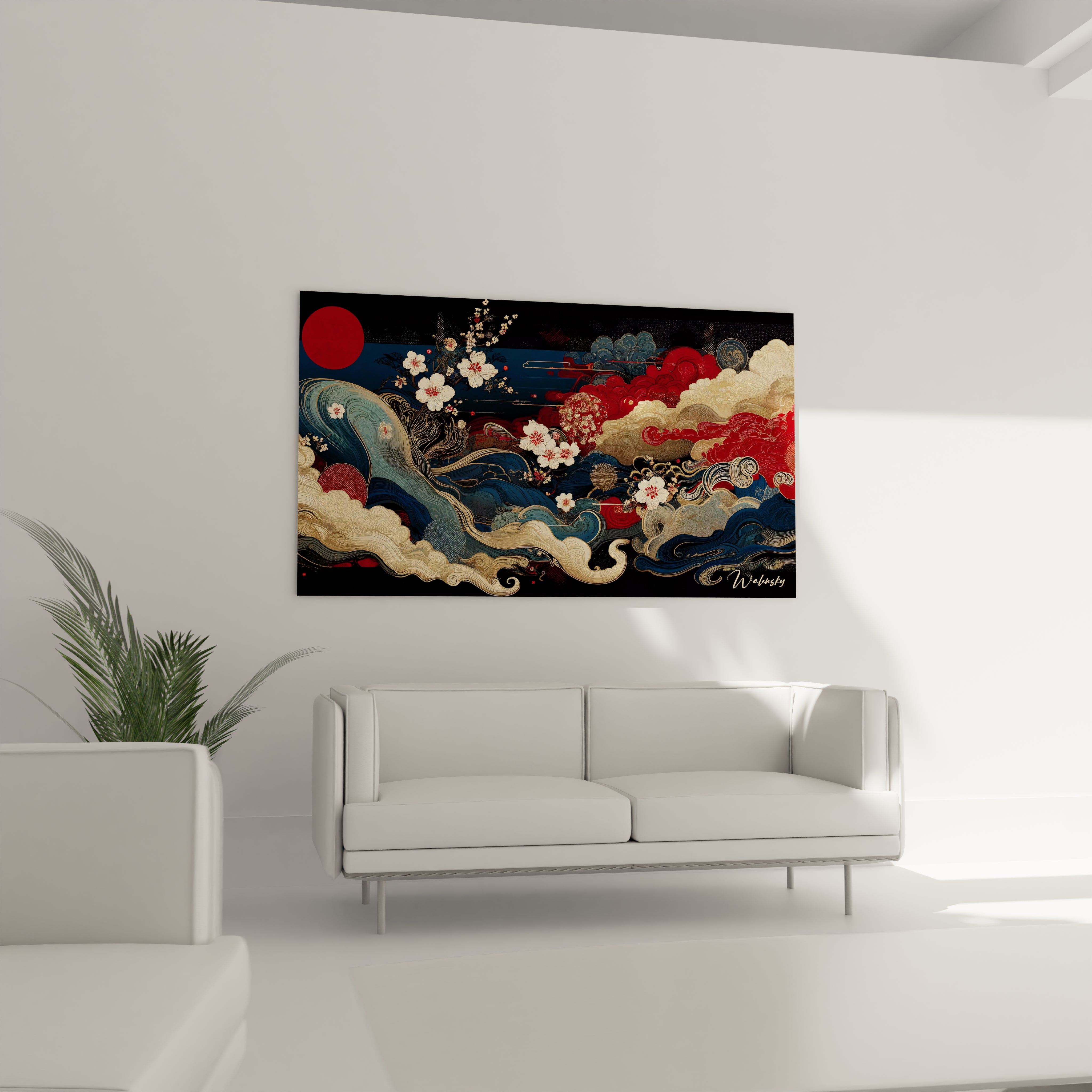 "Salon contemporain avec tableau en verre acrylique Japon / Asiatique suspendu au-dessus du canapé. Art mural inspiré de la culture asiatique, créant une ambiance paisible et élégante."